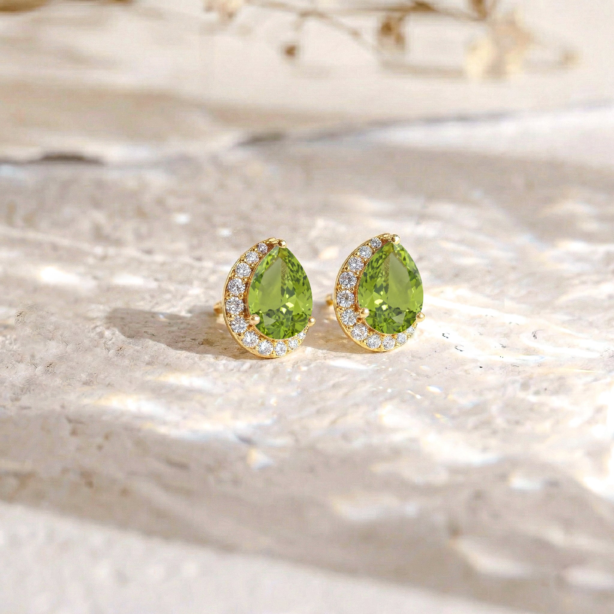 Peridot Pear Halo Stud Earrings in 925 Sterling Silver 1ct