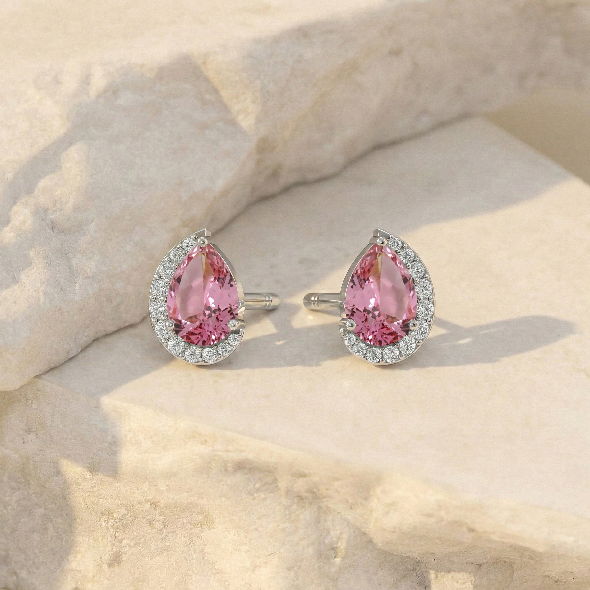Pink tourmaline Pear Halo Stud Earrings in 925 Sterling Silver 1ct