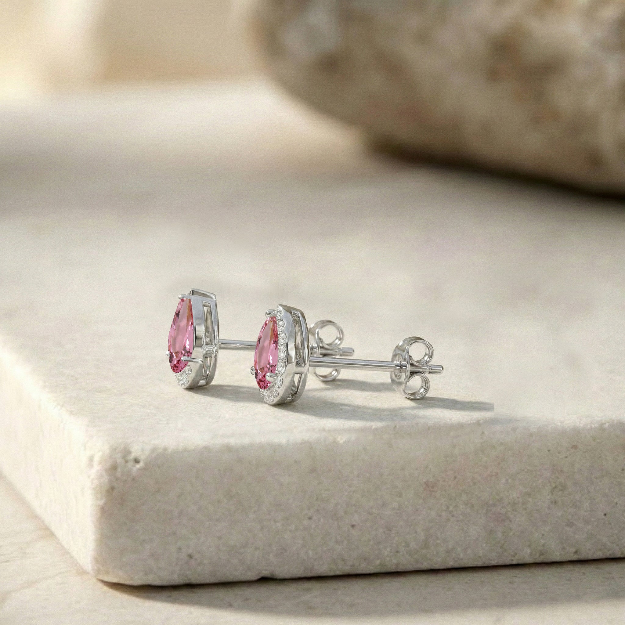 Pink tourmaline Pear Halo Stud Earrings in 925 Sterling Silver 1ct