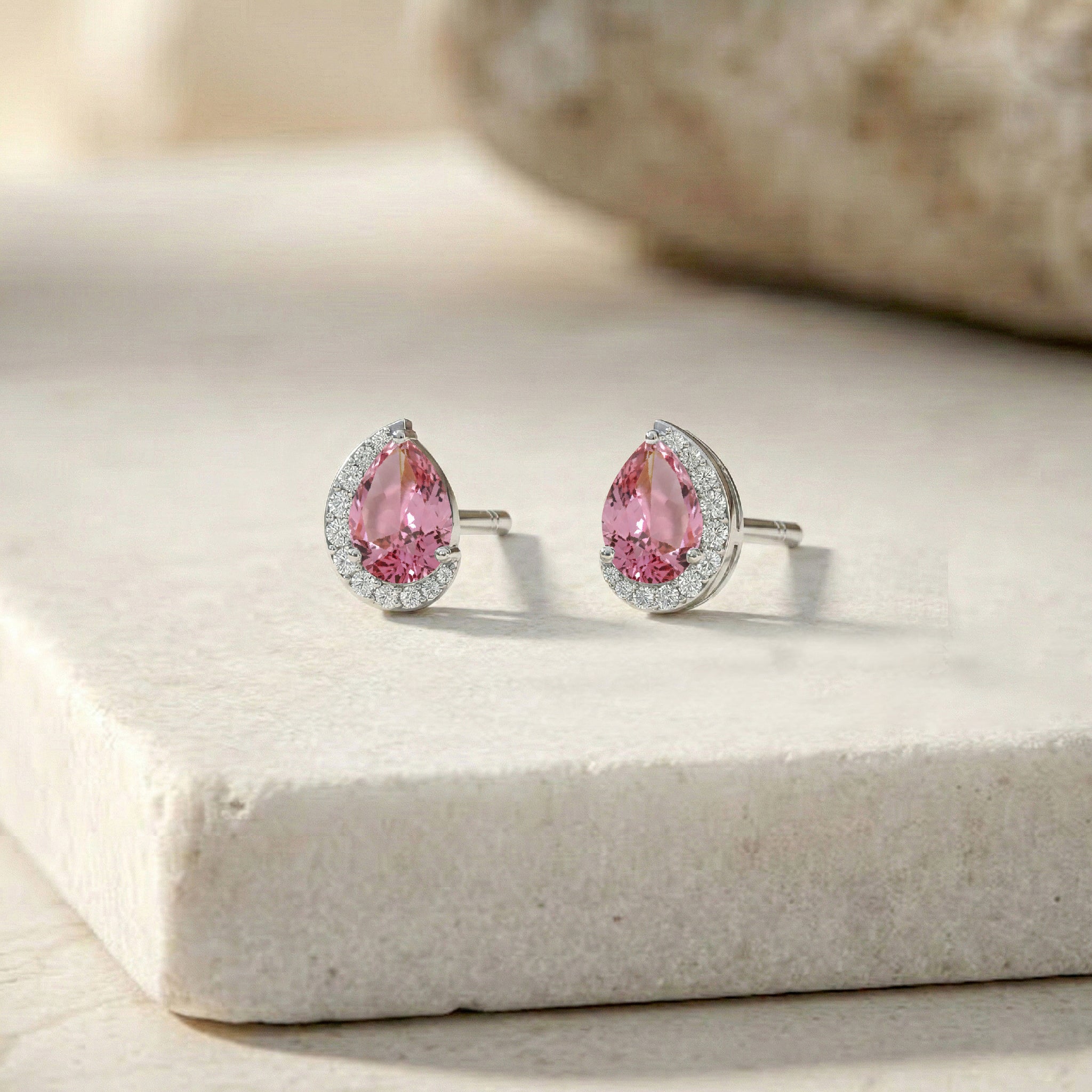 Pink tourmaline Pear Halo Stud Earrings in 925 Sterling Silver 1ct