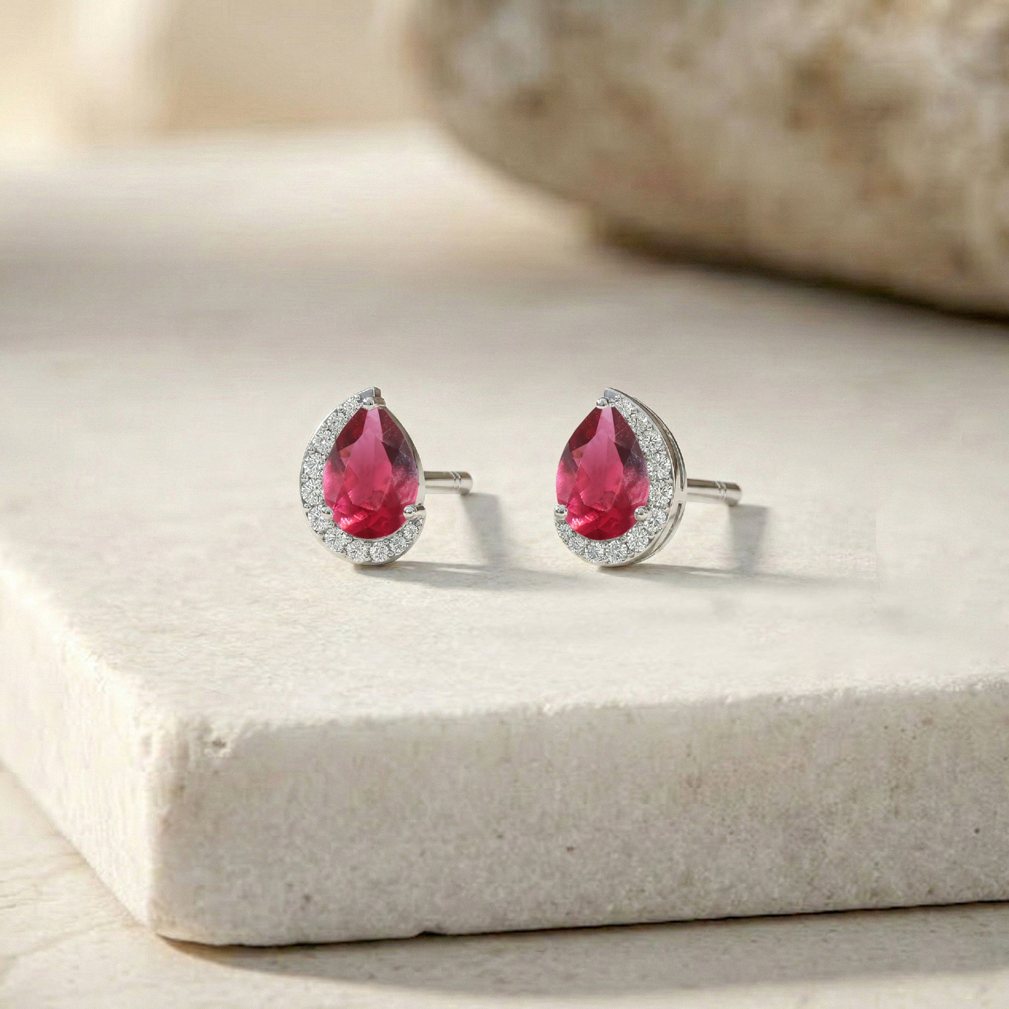 Pink tourmaline Pear Halo Stud Earrings in 925 Sterling Silver 1ct
