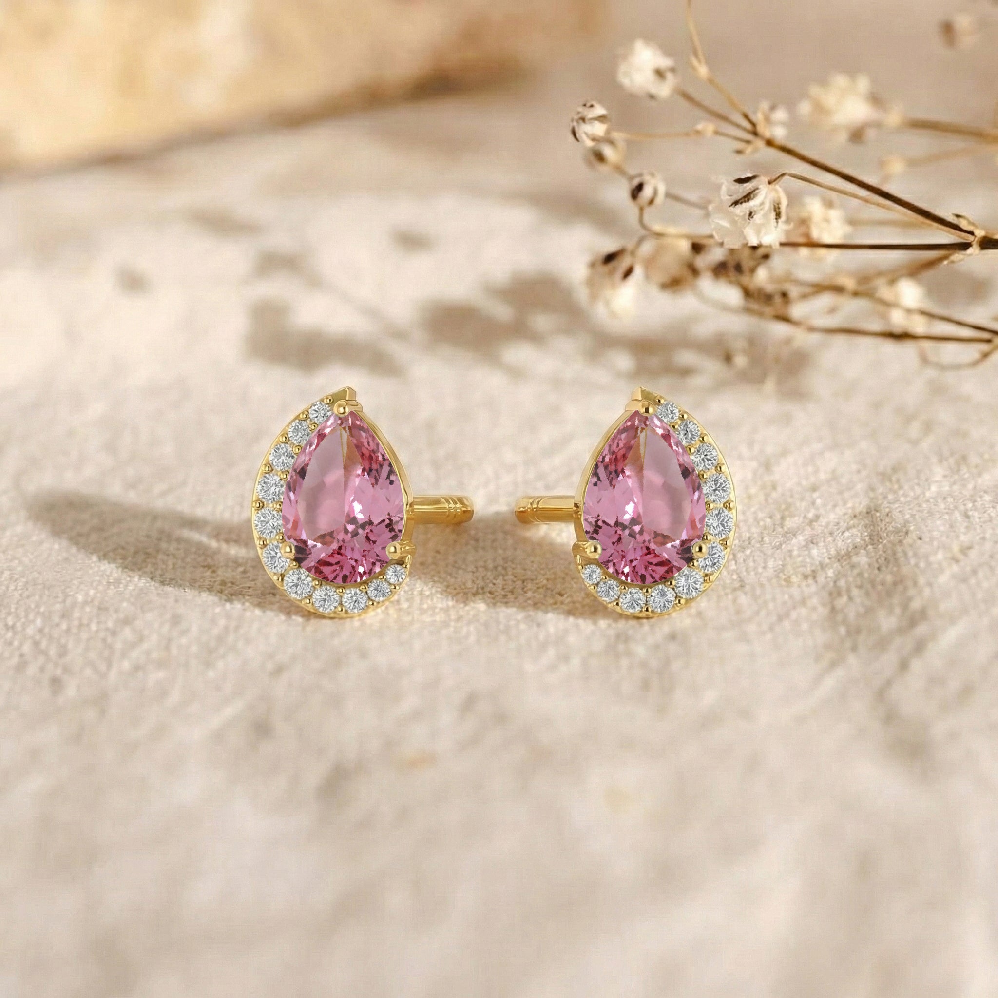 Pink tourmaline Pear Halo Stud Earrings in 925 Sterling Silver 1ct