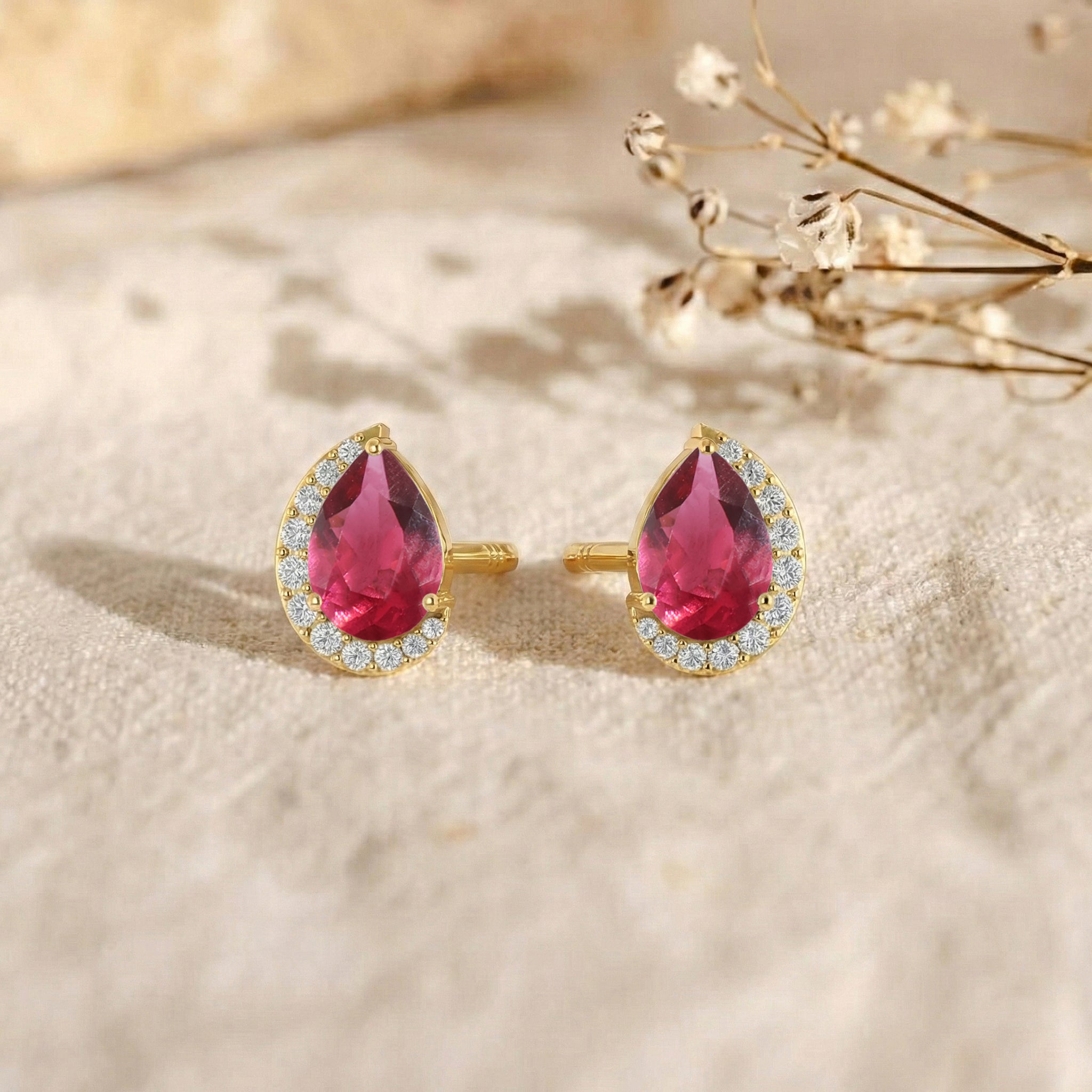 Pink tourmaline Pear Halo Stud Earrings in 925 Sterling Silver 1ct
