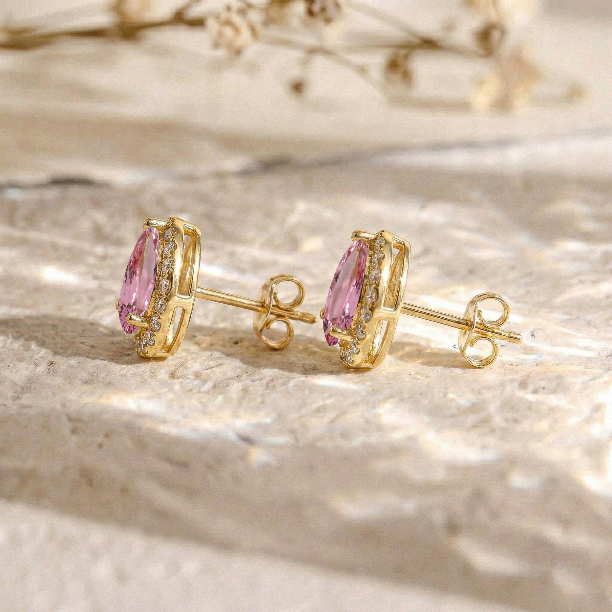 Pink tourmaline Pear Halo Stud Earrings in 925 Sterling Silver 1ct