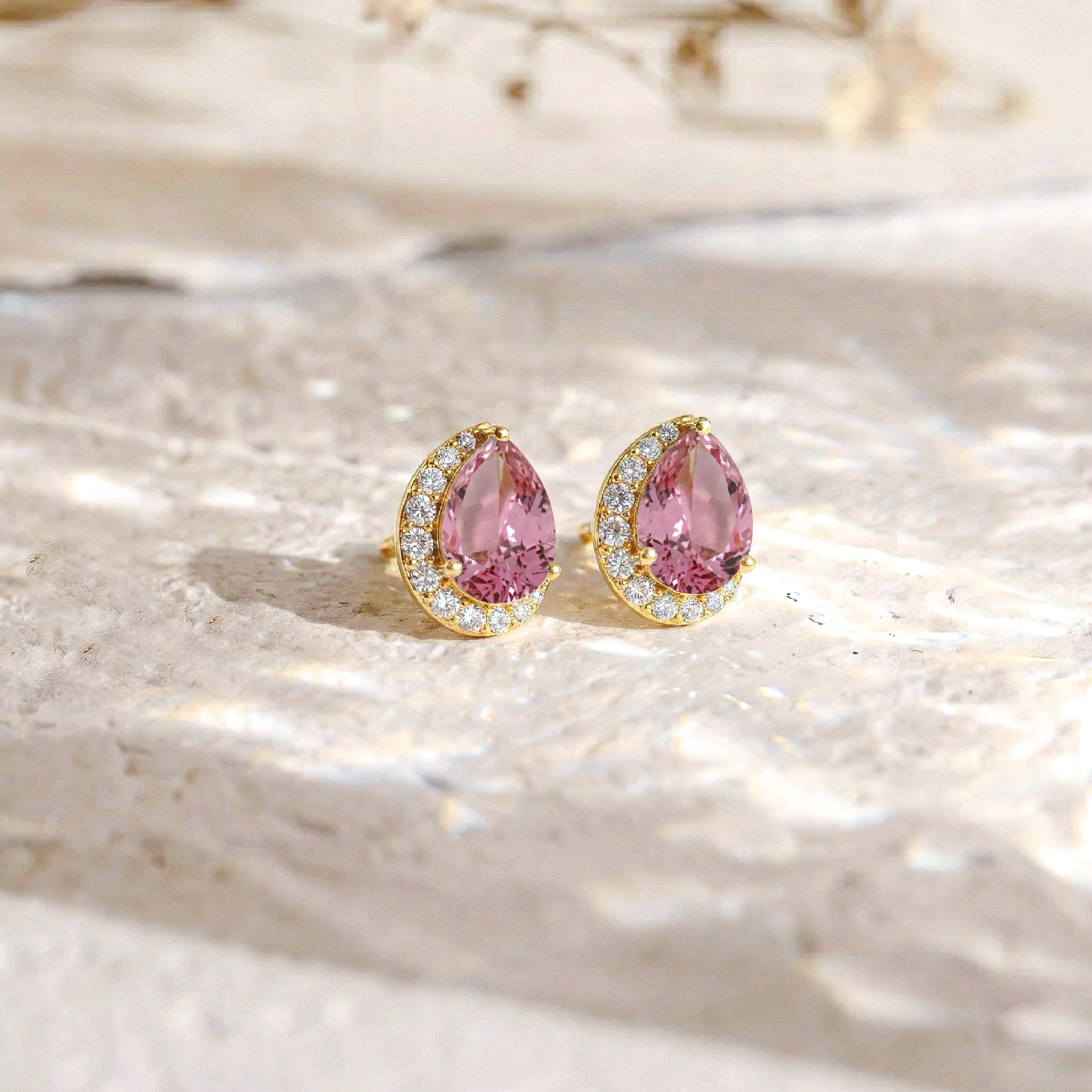 Pink tourmaline Pear Halo Stud Earrings in 925 Sterling Silver 1ct