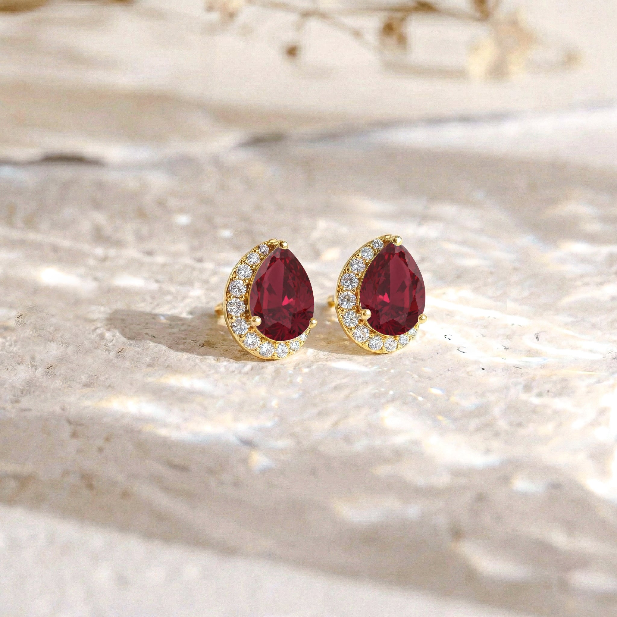 Ruby Pear Halo Stud Earrings in 925 Sterling Silver 1ct