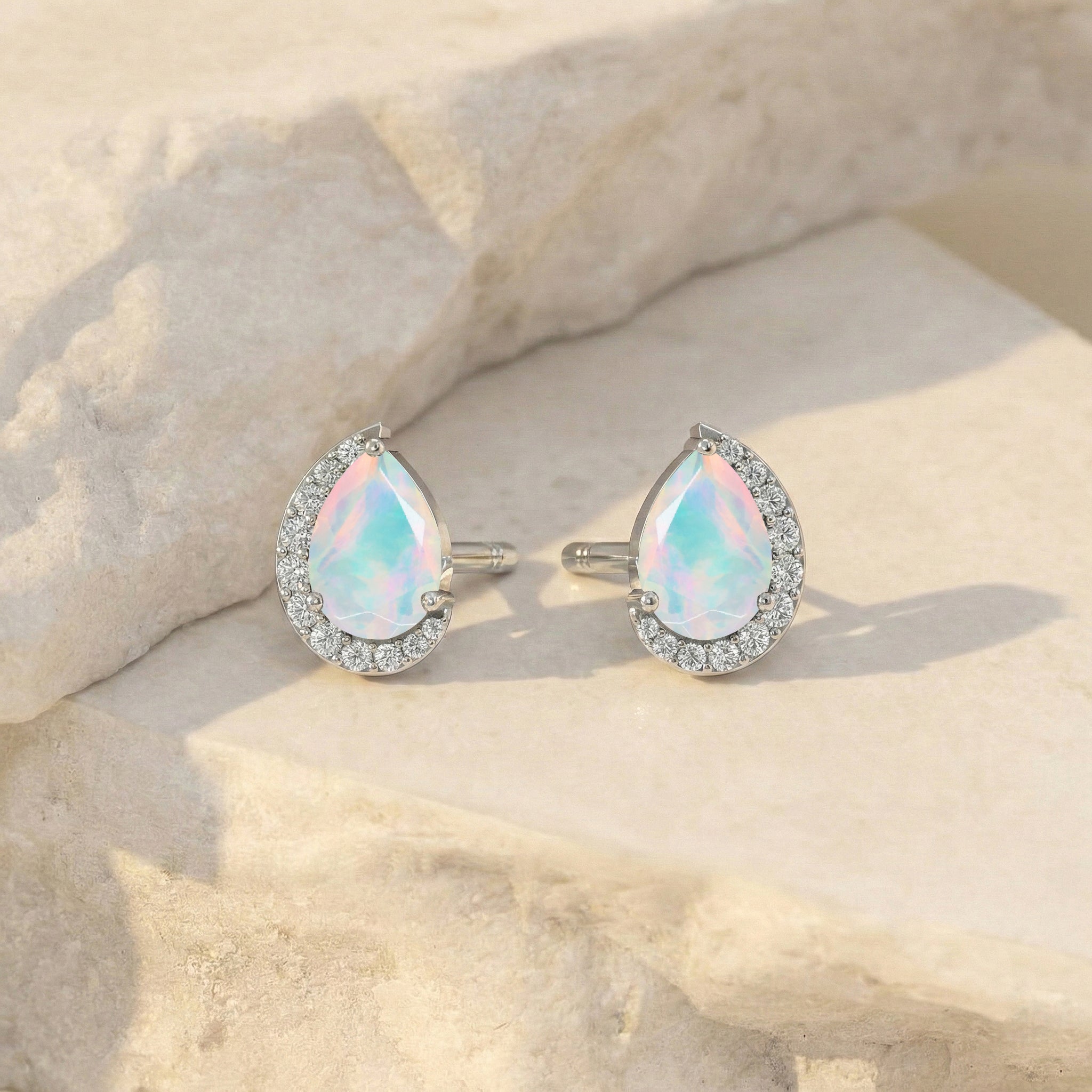 White Opal Pear Halo Stud Earrings in 925 Sterling Silver 1ct