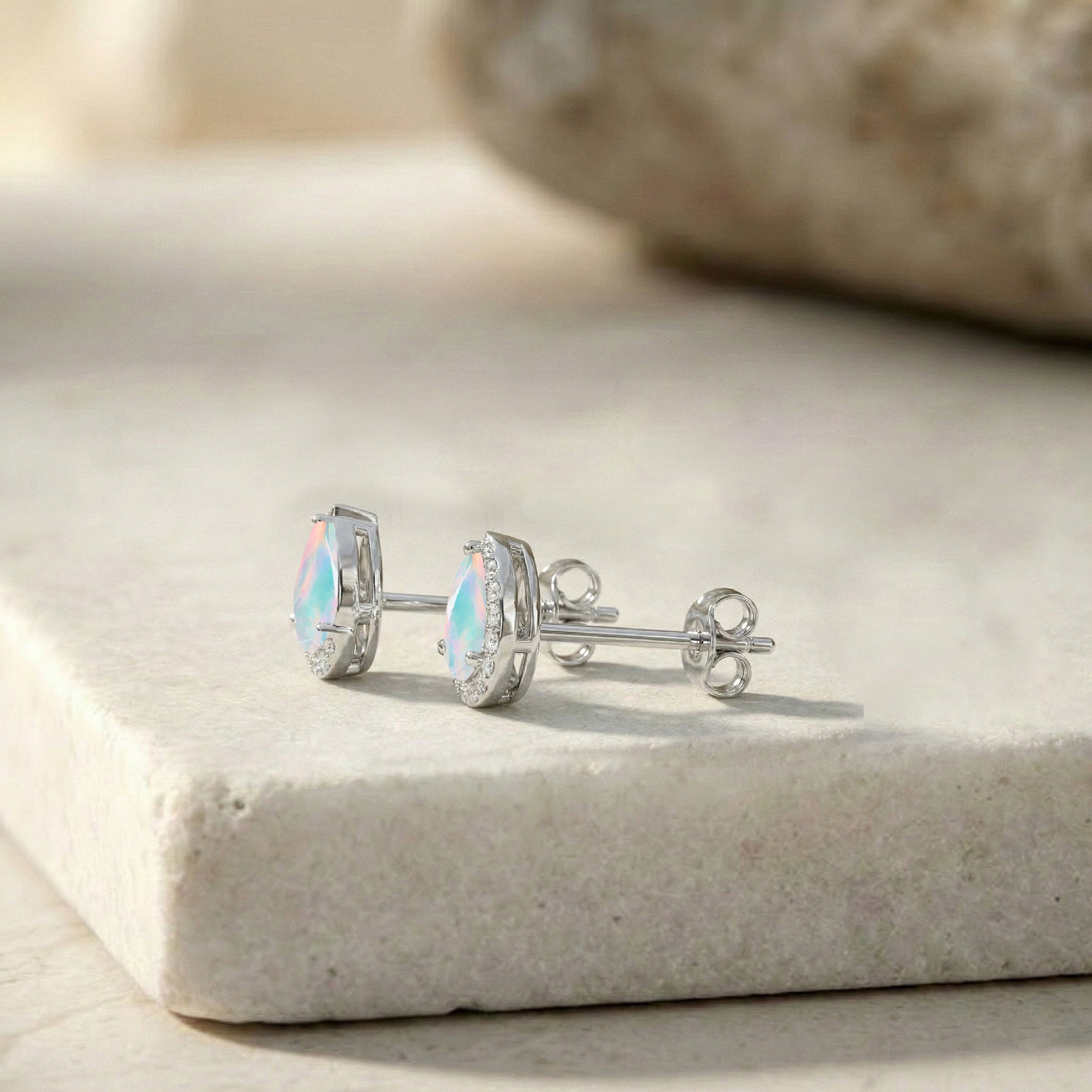White Opal Pear Halo Stud Earrings in 925 Sterling Silver 1ct
