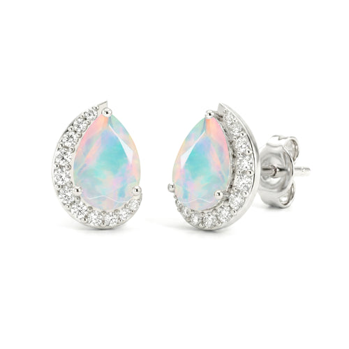 White Opal Pear Halo Stud Earrings in 925 Sterling Silver 1ct