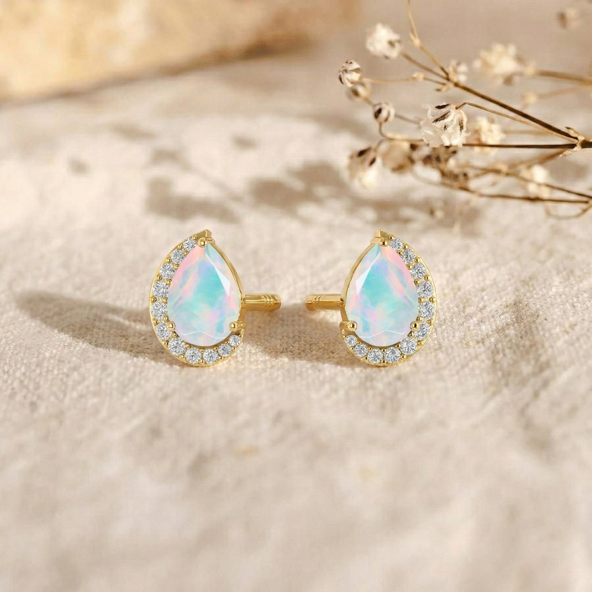 White Opal Pear Halo Stud Earrings in 925 Sterling Silver 1ct