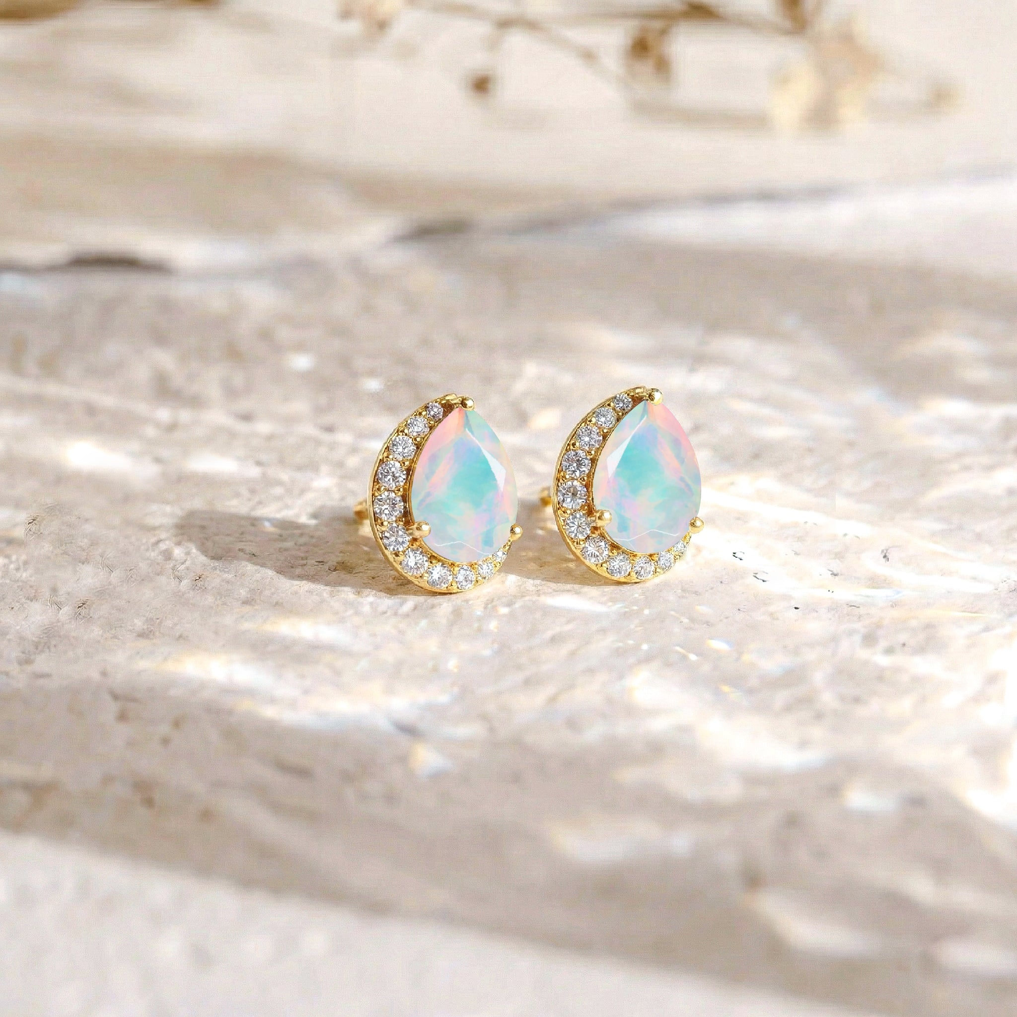 White Opal Pear Halo Stud Earrings in 925 Sterling Silver 1ct