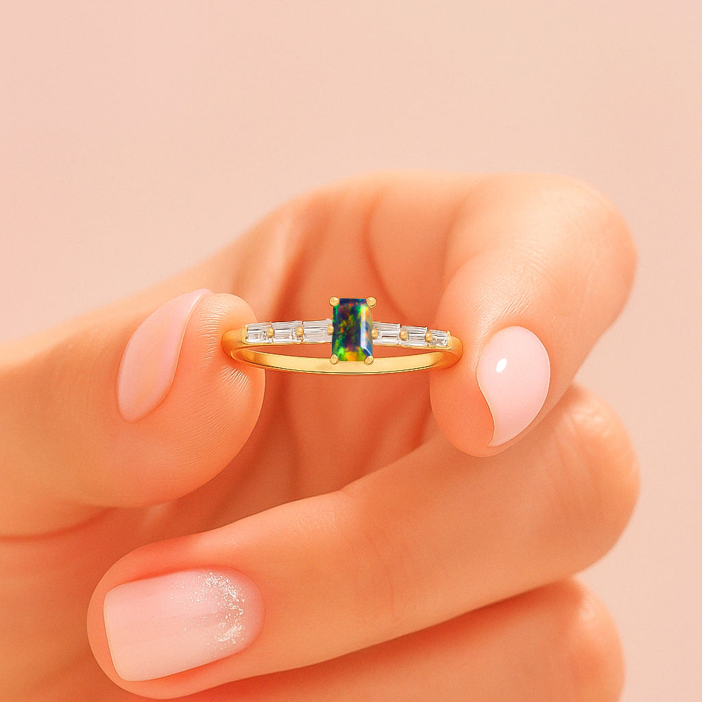 2.5X5 MM Baguette Shape Natural Black Opal Designer Ring