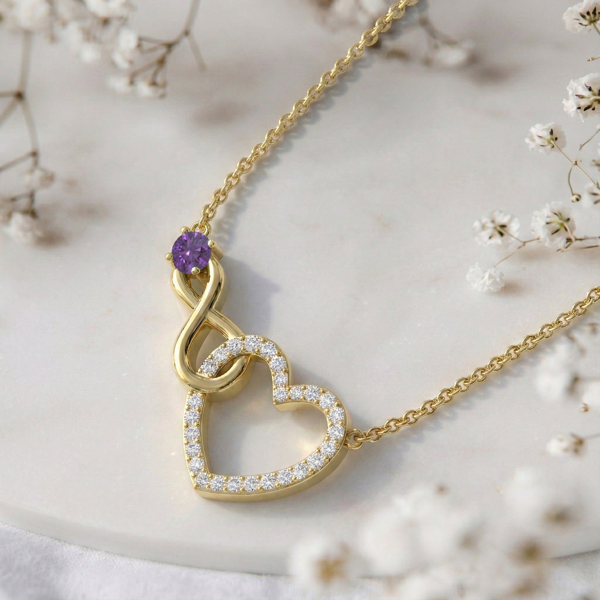 Amethyst Round Infinity Heart Pendant Necklace in Yellow Gold Plated 0.45ct
