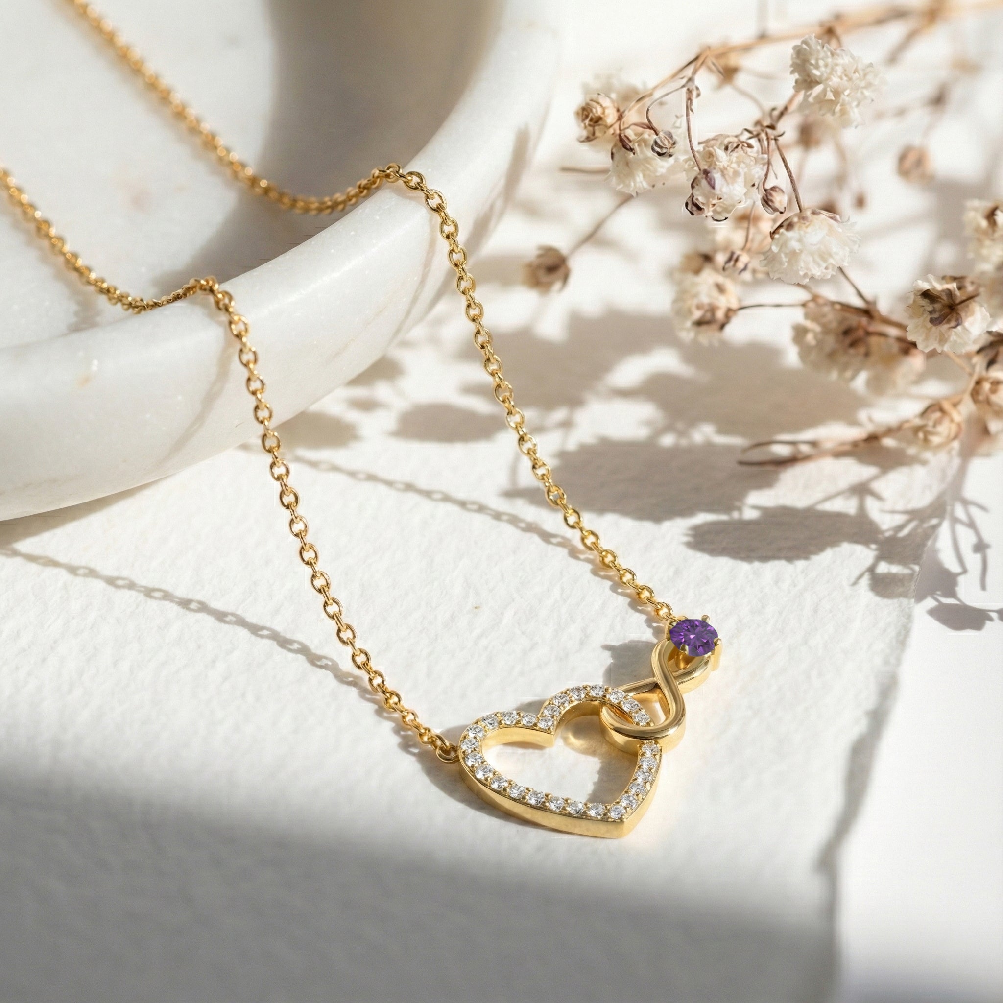 Amethyst Round Infinity Heart Pendant Necklace in Yellow Gold Plated 0.45ct