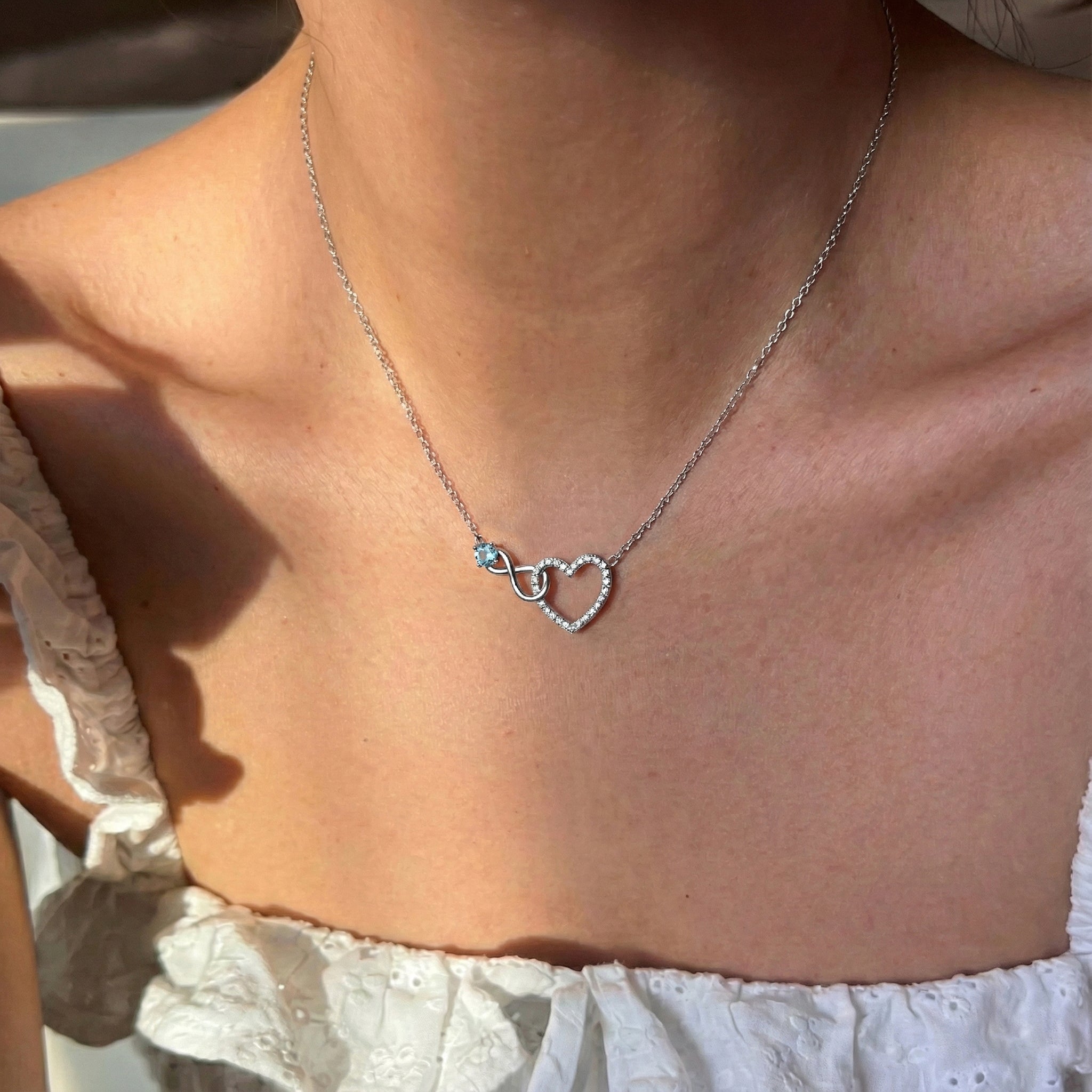 Aquamarine Round Infinity Heart Pendant Necklace in 925 Sterling Silver 0.45ct