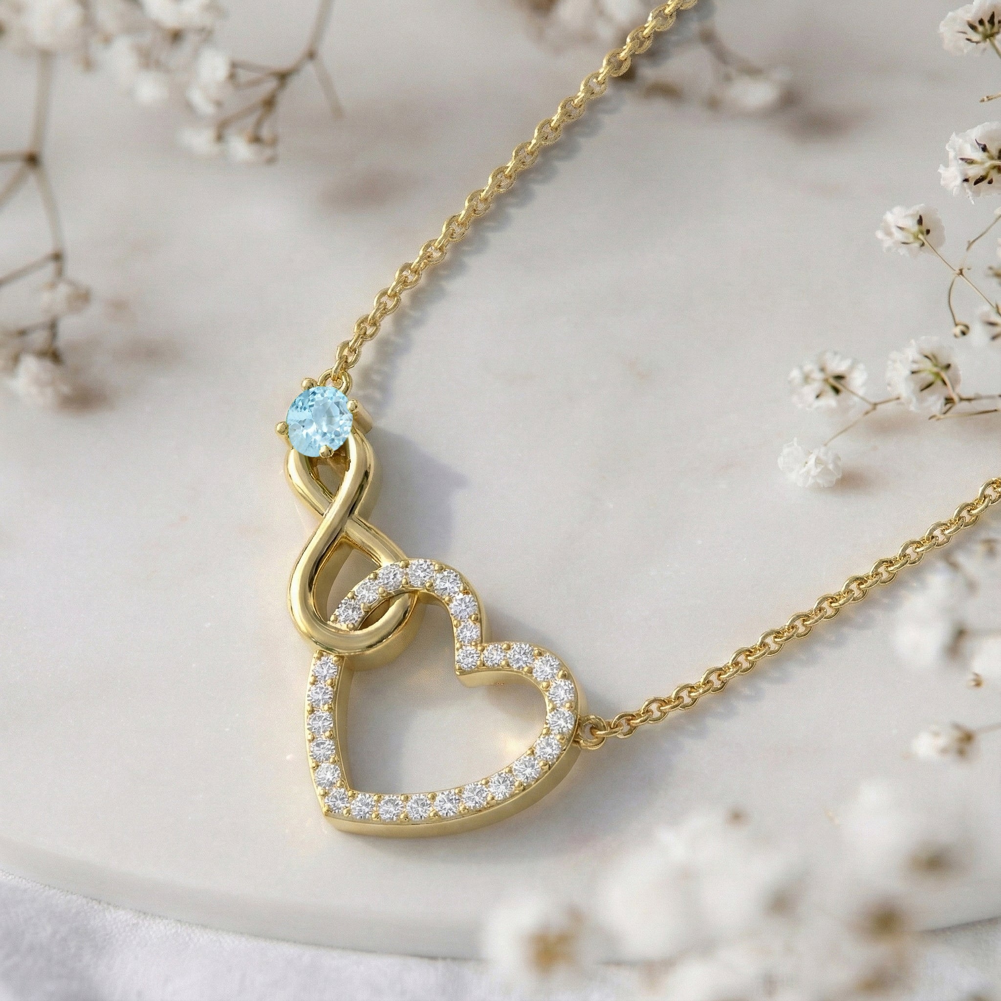 Aquamarine Round Infinity Heart Pendant Necklace in Yellow Gold Plated 0.45ct