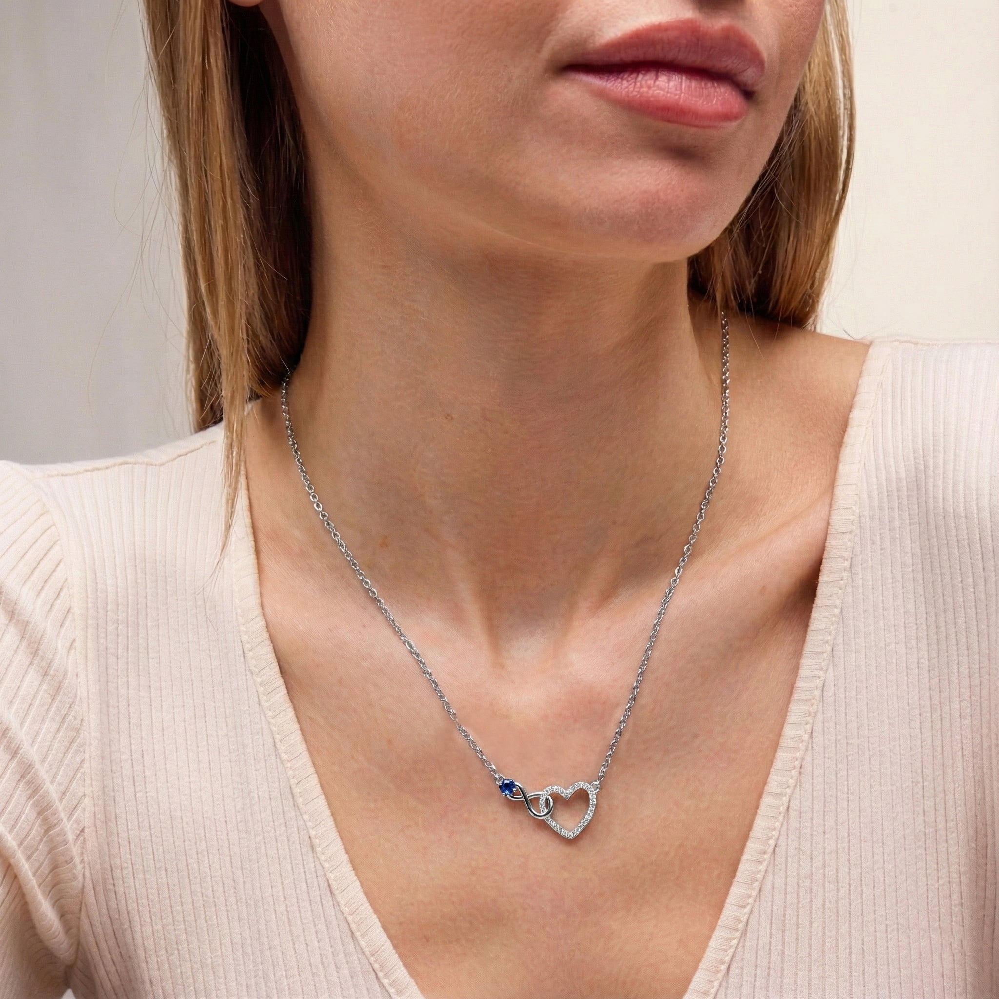 Blue Sapphire Round Infinity Heart Pendant Necklace in 925 Sterling Silver 0.45ct