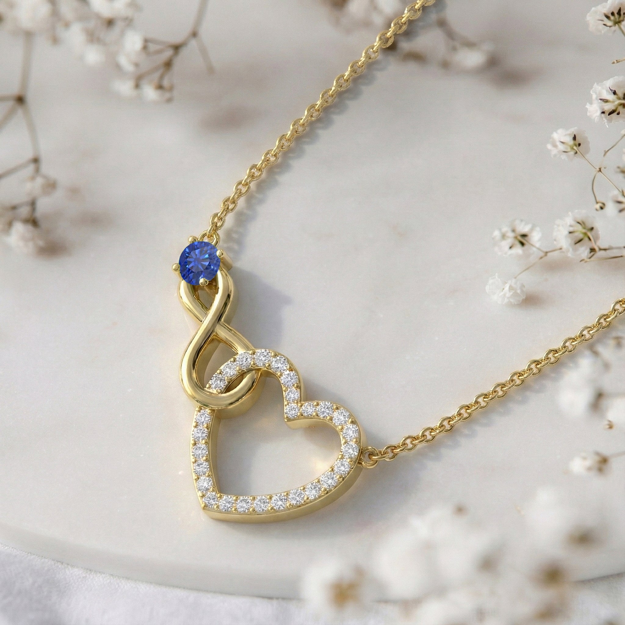 Blue Sapphire Round Infinity Heart Pendant Necklace in Yellow Gold Plated 0.45ct