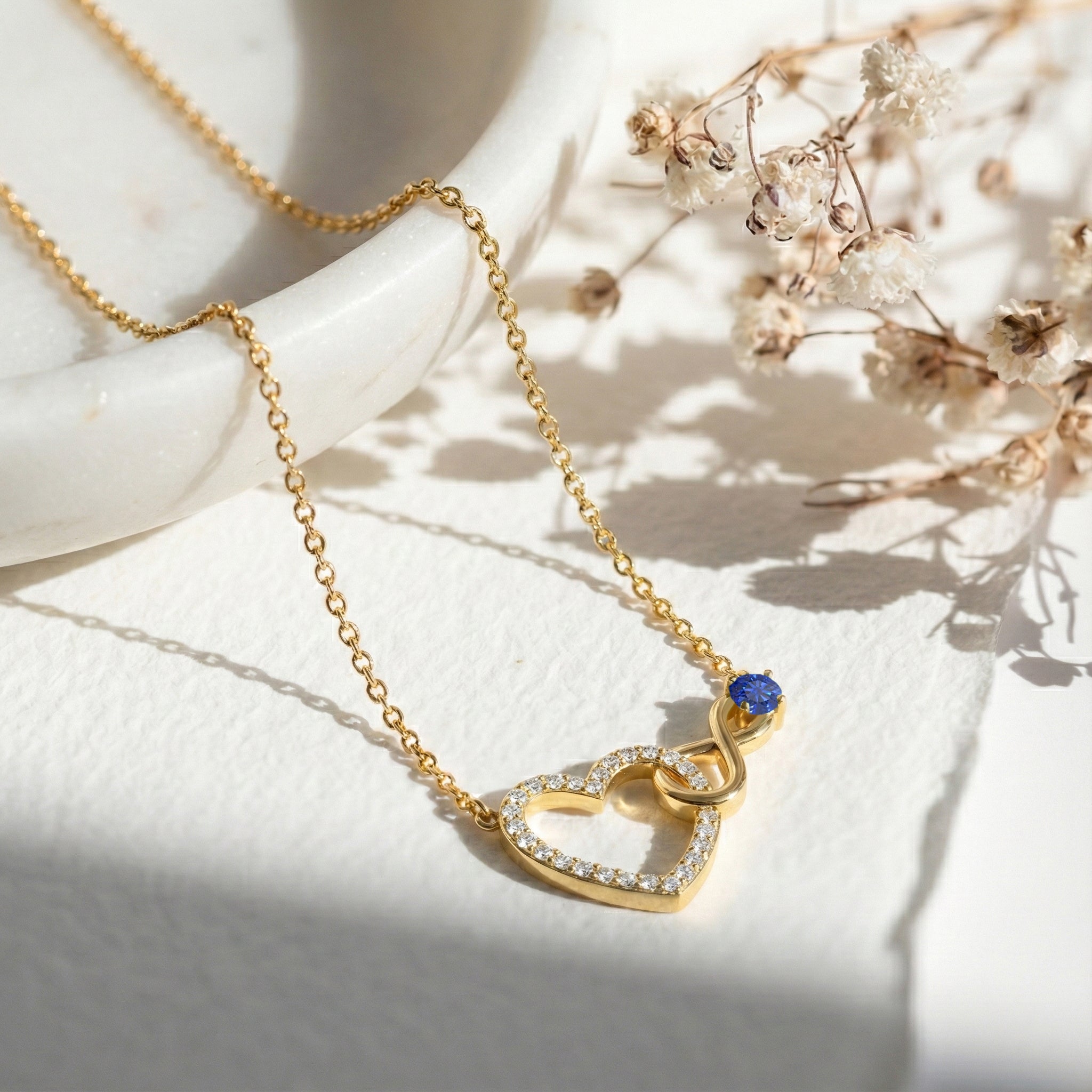 Blue Sapphire Round Infinity Heart Pendant Necklace in Yellow Gold Plated 0.45ct