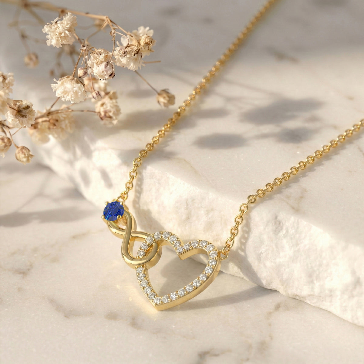 Blue Sapphire Round Infinity Heart Pendant Necklace in 925 Sterling Silver 0.45ct