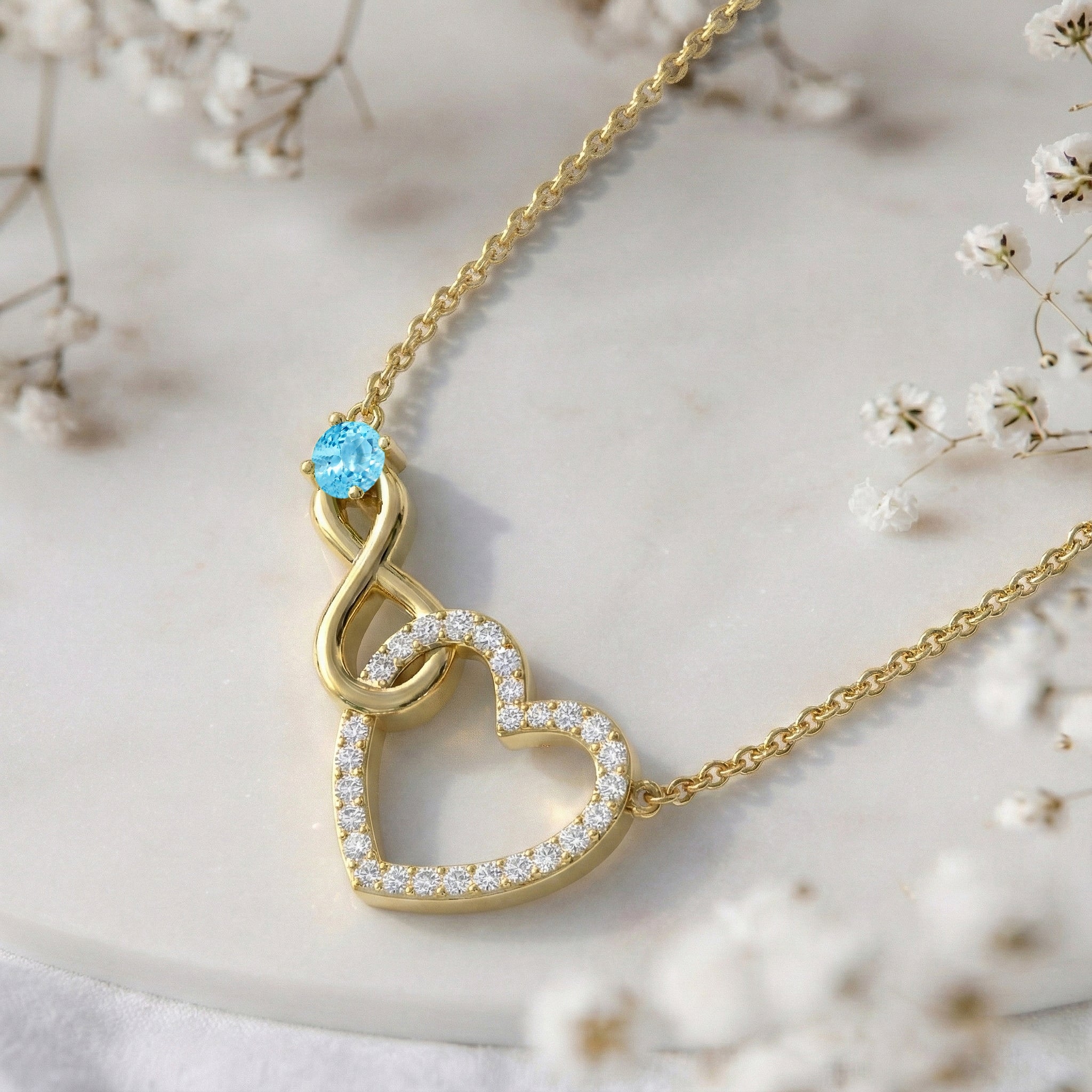 Blue Topaz Round Infinity Heart Pendant Necklace in Yellow Gold Plated 0.45ct