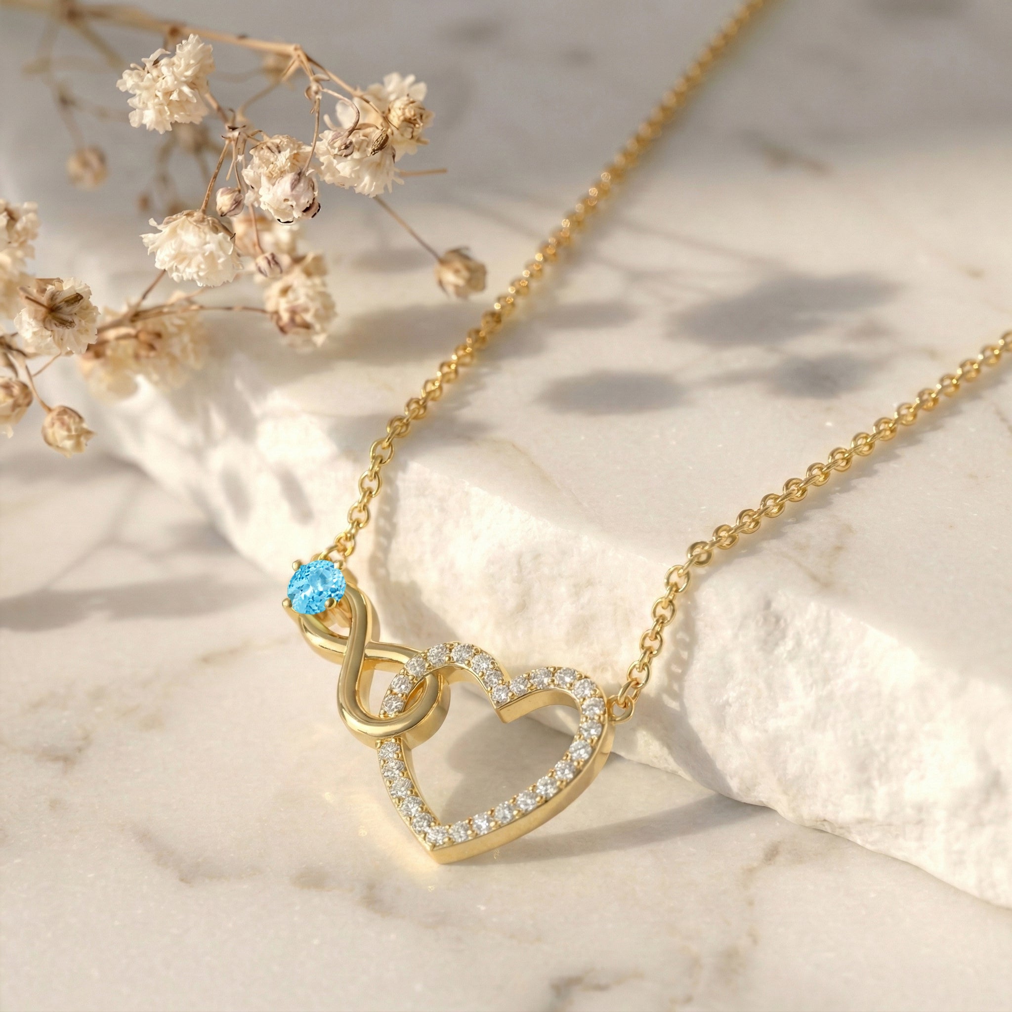 Blue Topaz Round Infinity Heart Pendant Necklace in Yellow Gold Plated 0.45ct