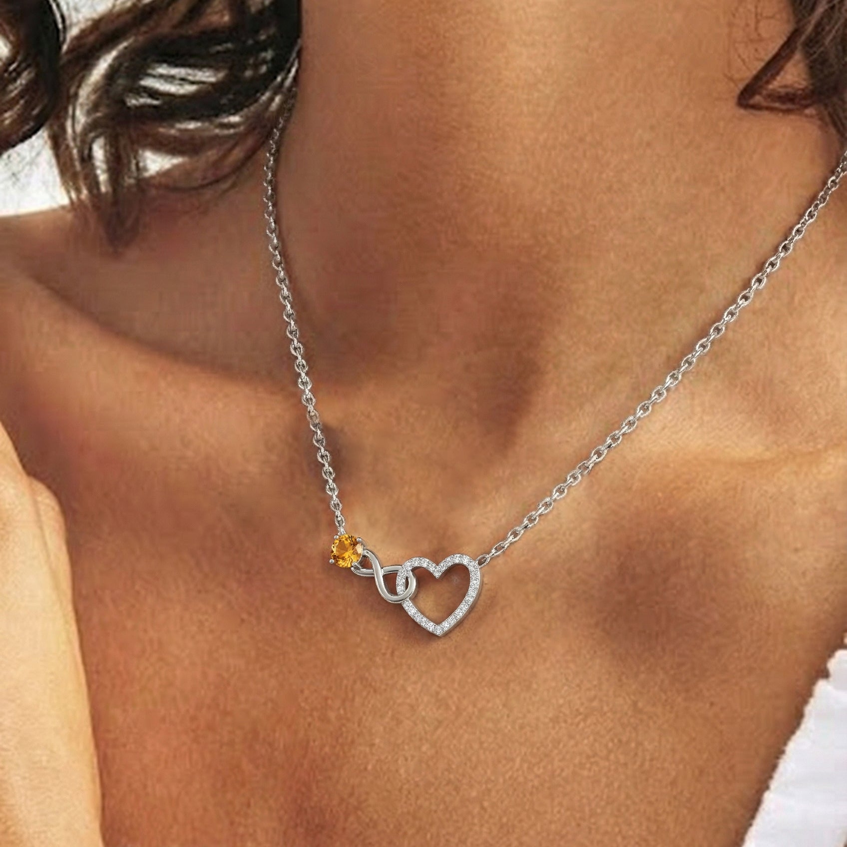 Citrine Round Infinity Heart Pendant Necklace in 925 Sterling Silver 0.45ct
