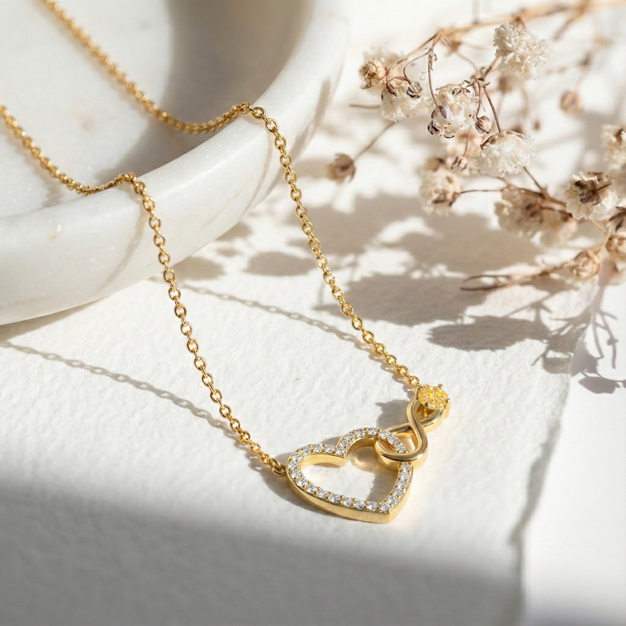 Citrine Round Infinity Heart Pendant Necklace in Yellow Gold Plated 0.45ct