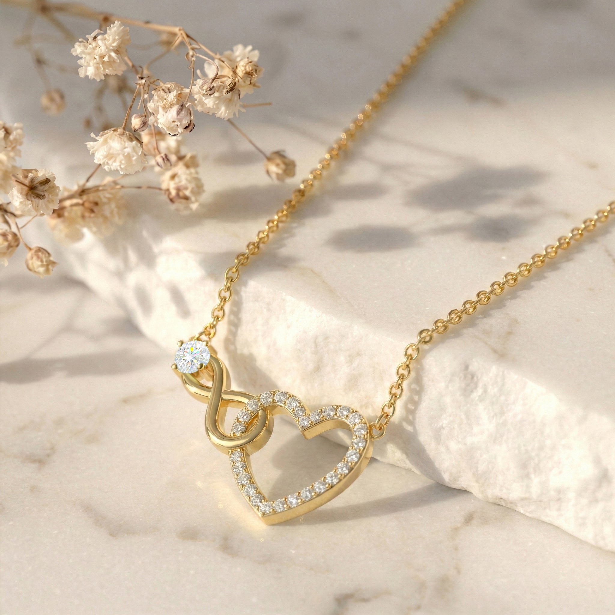 Simulated Diamond Round Infinity Heart Pendant Necklace in Yellow Gold Plated 0.45ct