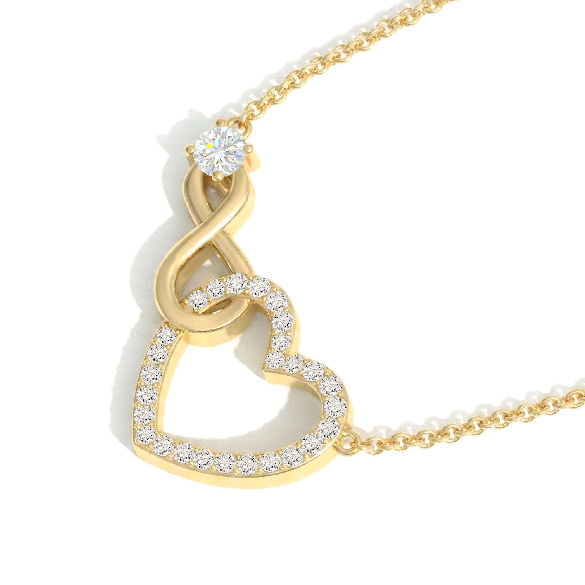 Simulated Diamond Round Infinity Heart Pendant Necklace in Yellow Gold Plated 0.45ct