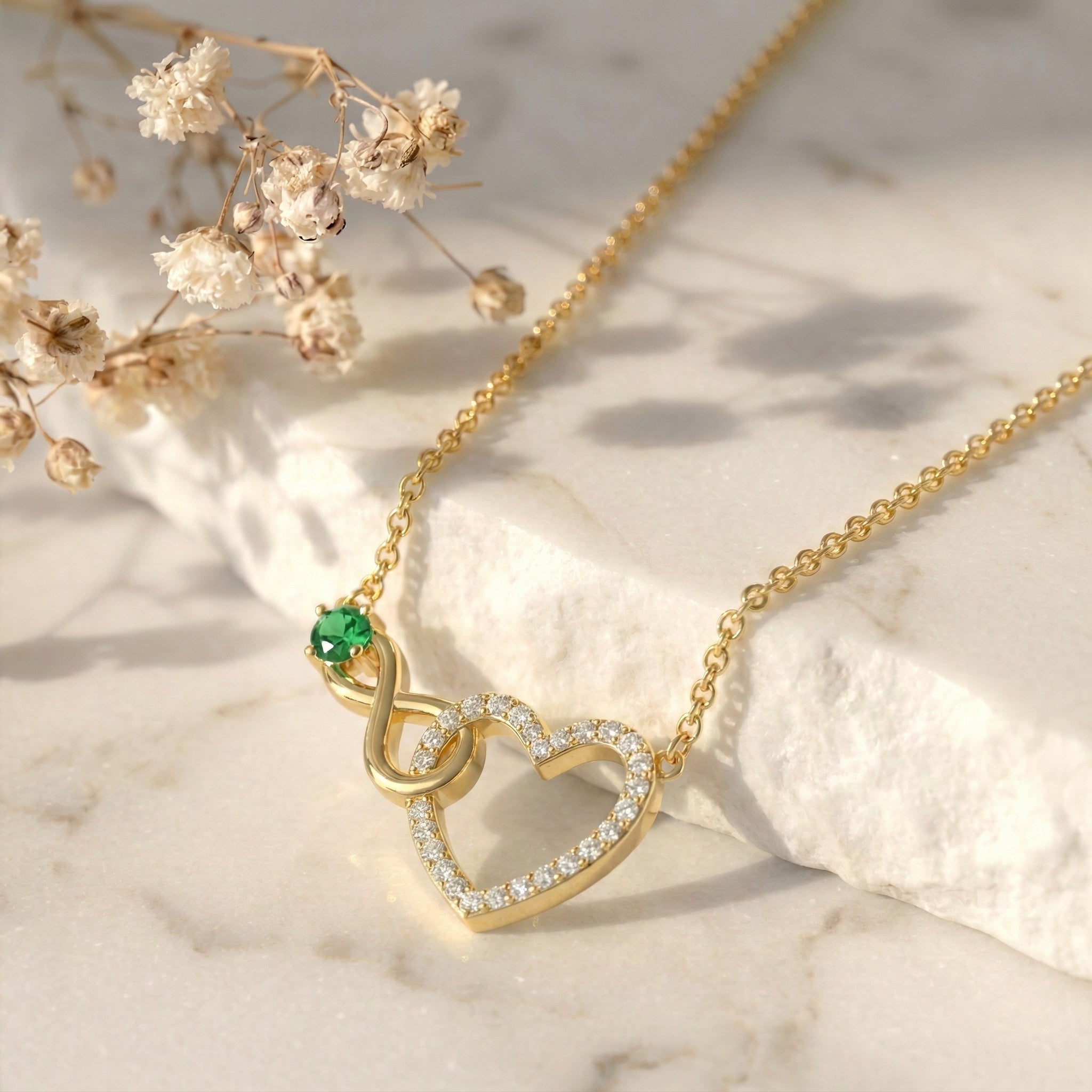 Emerald Round Infinity Heart Pendant Necklace in Yellow Gold Plated 0.45ct