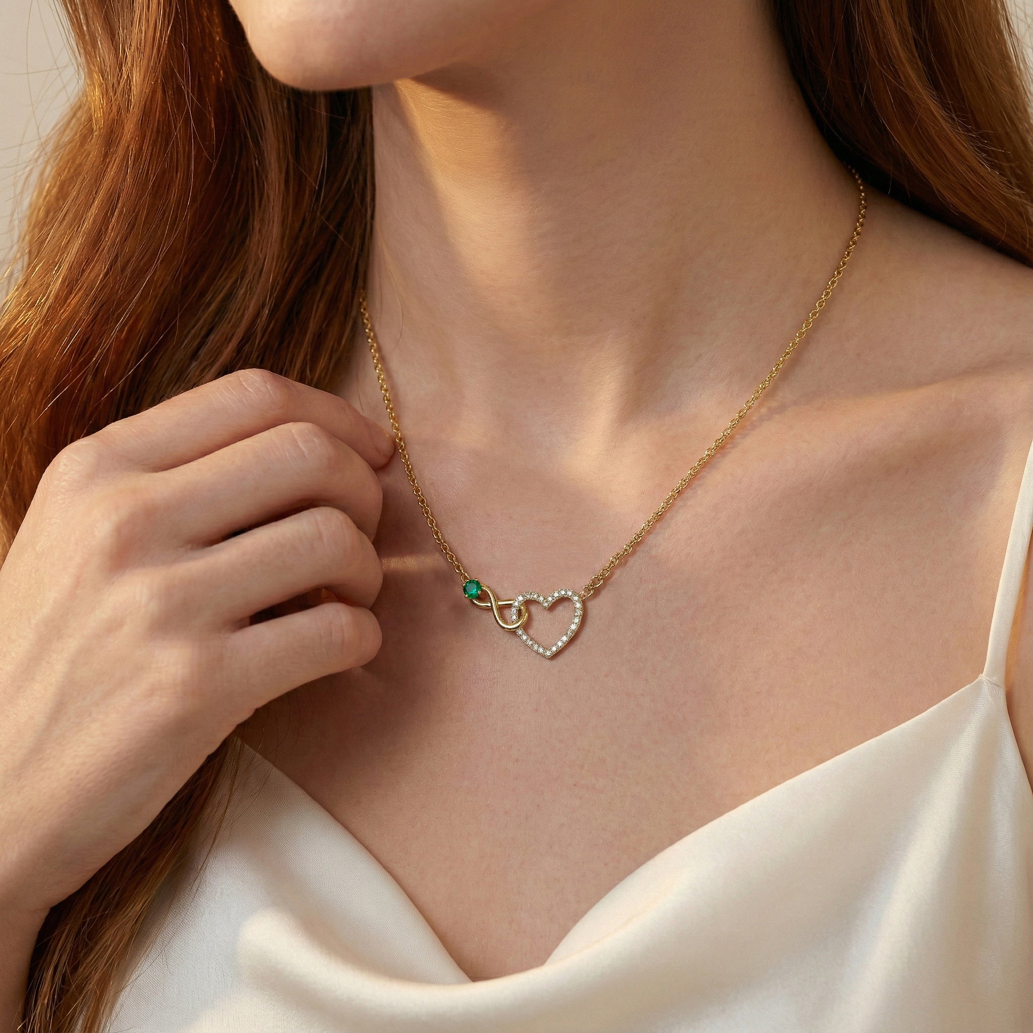 Emerald Round Infinity Heart Pendant Necklace in Yellow Gold Plated 0.45ct