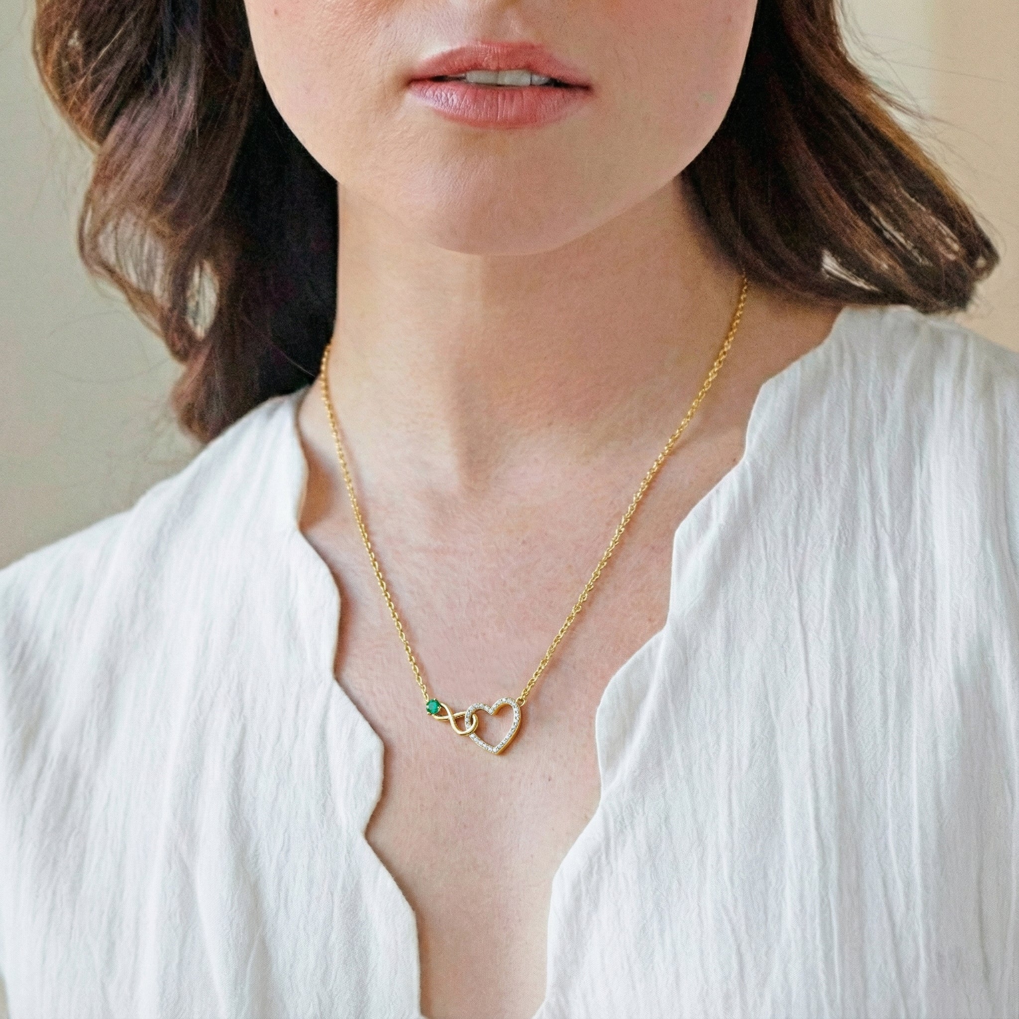 Emerald Round Infinity Heart Pendant Necklace in Yellow Gold Plated 0.45ct