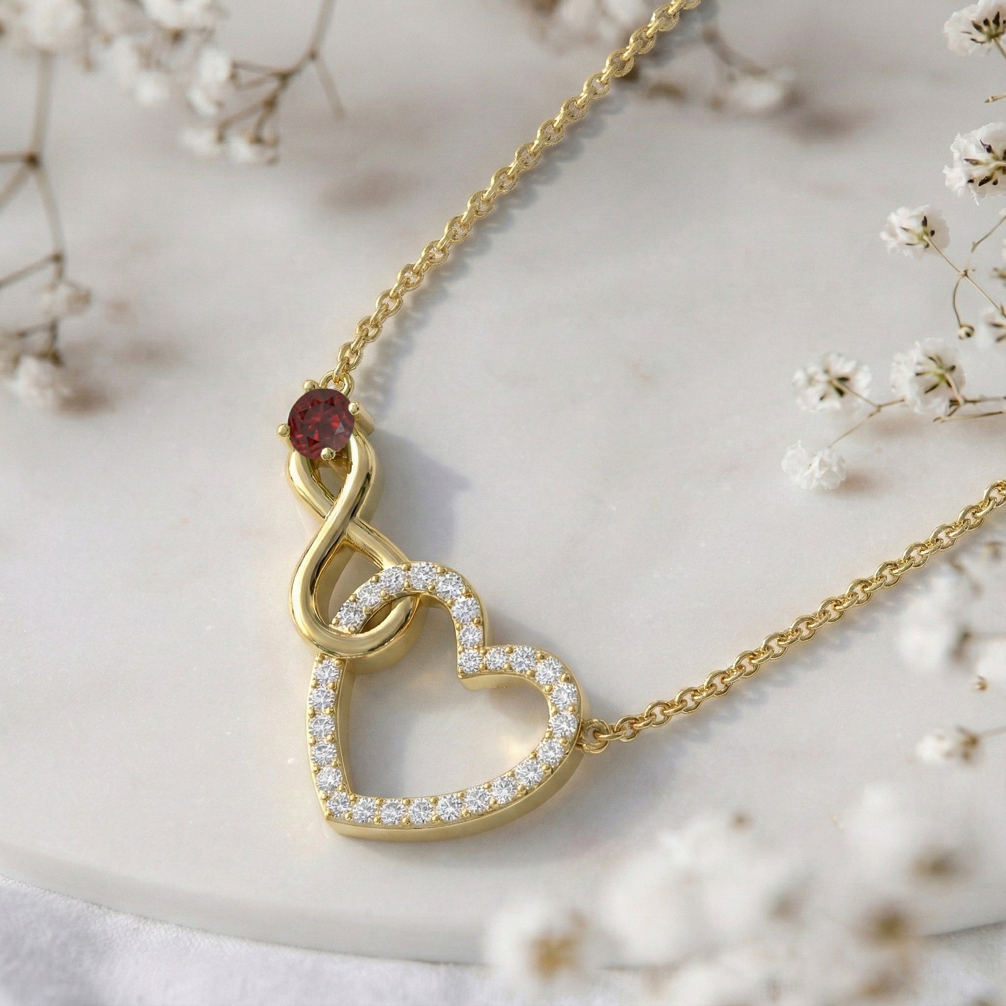 Garnet Round Infinity Heart Pendant Necklace in Yellow Gold Plated 0.45ct