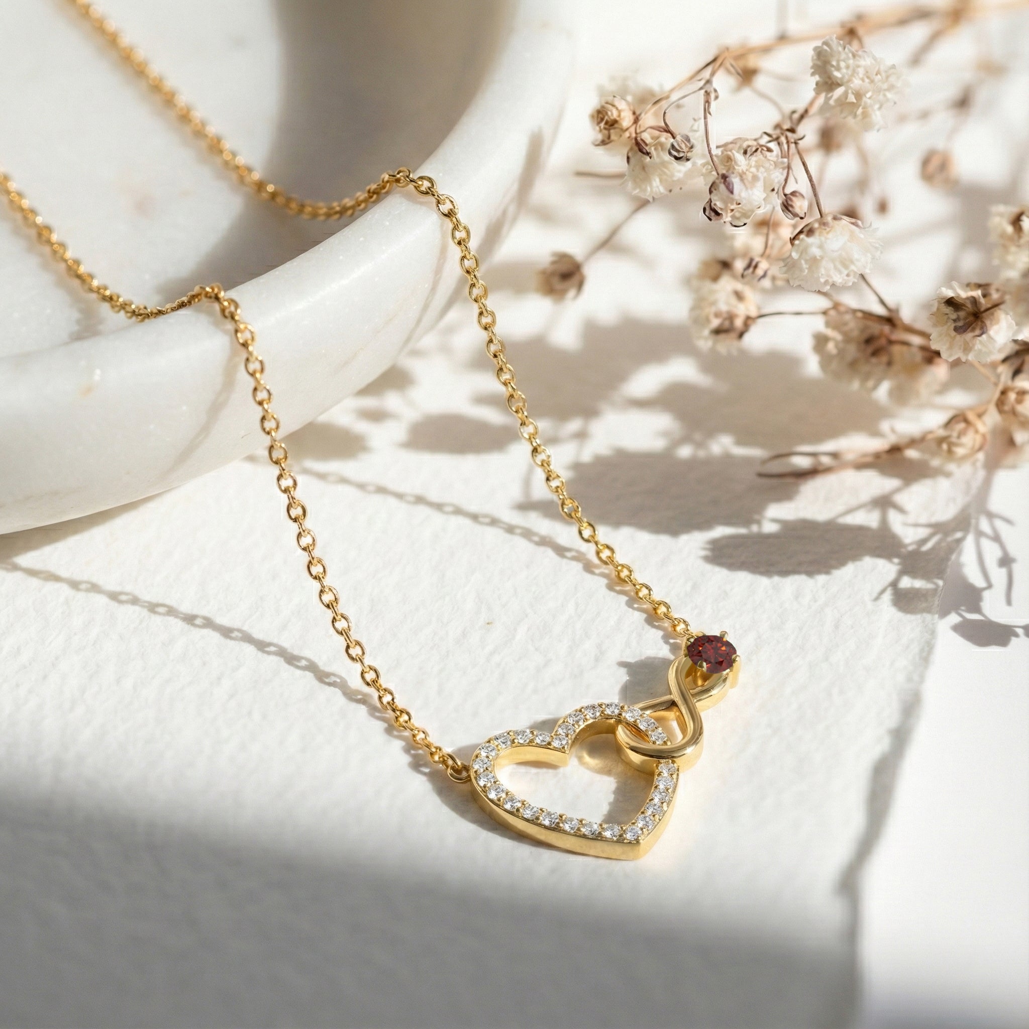 Garnet Round Infinity Heart Pendant Necklace in Yellow Gold Plated 0.45ct