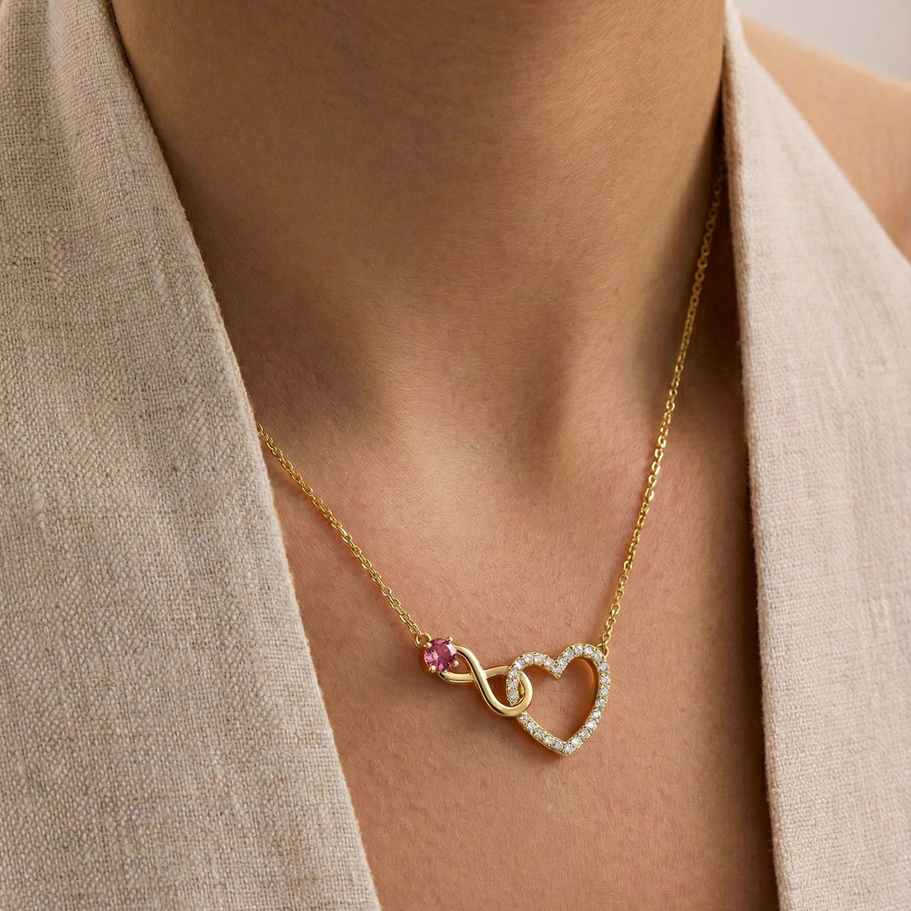 Pink Tourmaline Round Infinity Heart Pendant Necklace in Yellow Gold Plated 0.45ct