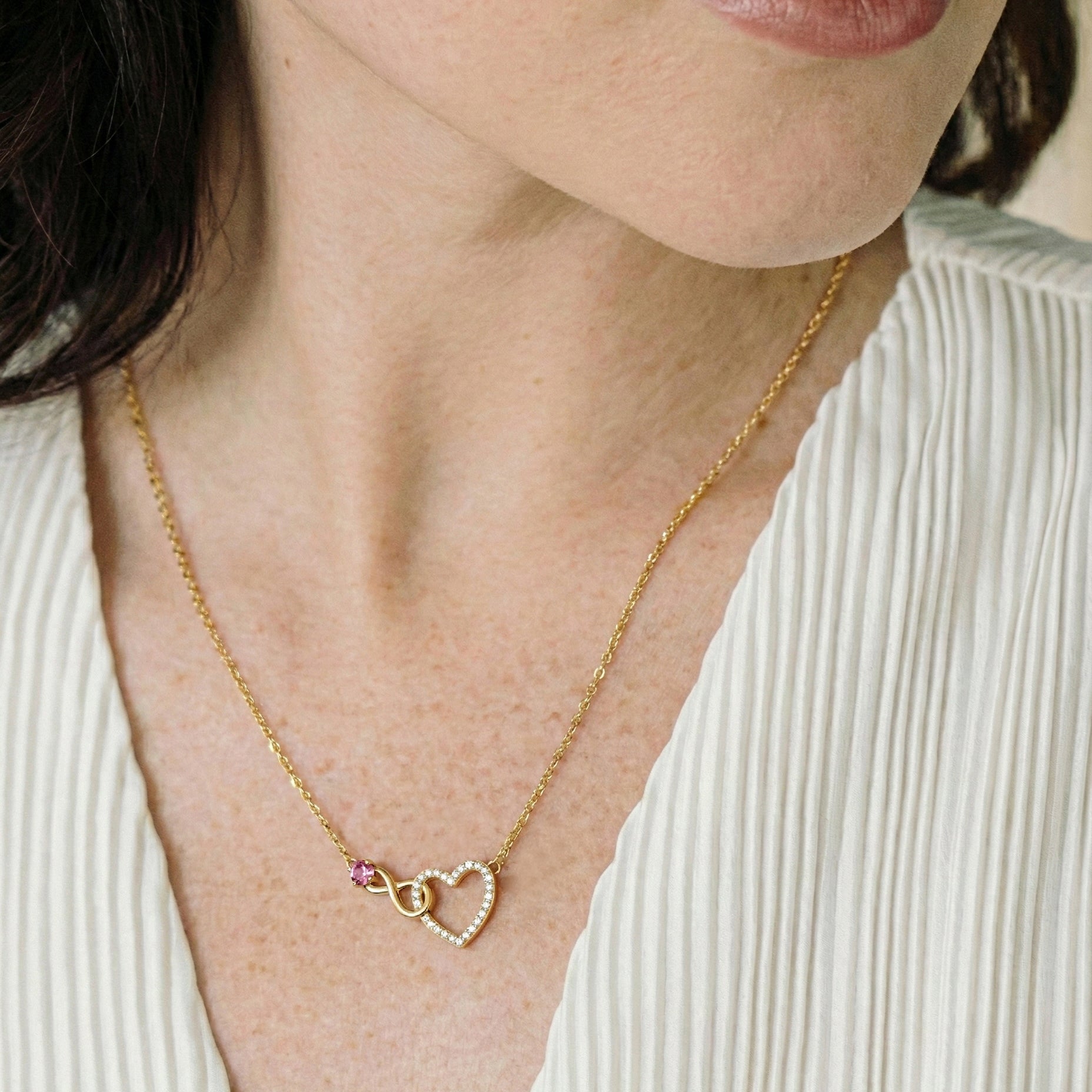 Pink Tourmaline Round Infinity Heart Pendant Necklace in Yellow Gold Plated 0.45ct