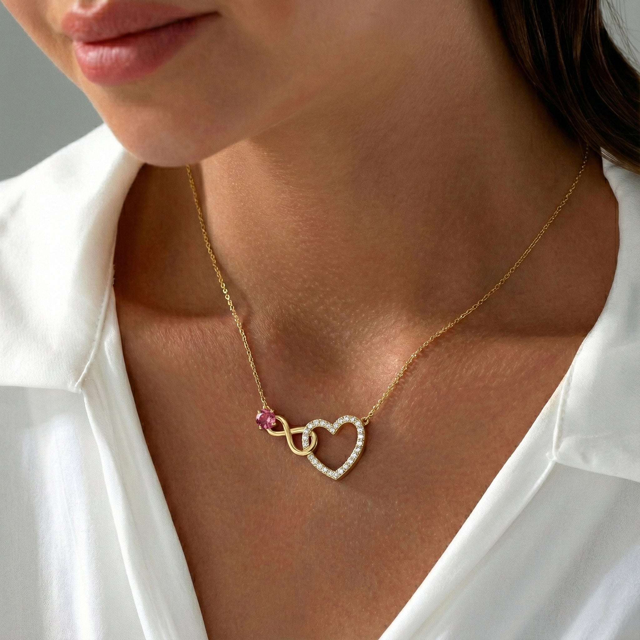 Pink Tourmaline Round Infinity Heart Pendant Necklace in Yellow Gold Plated 0.45ct