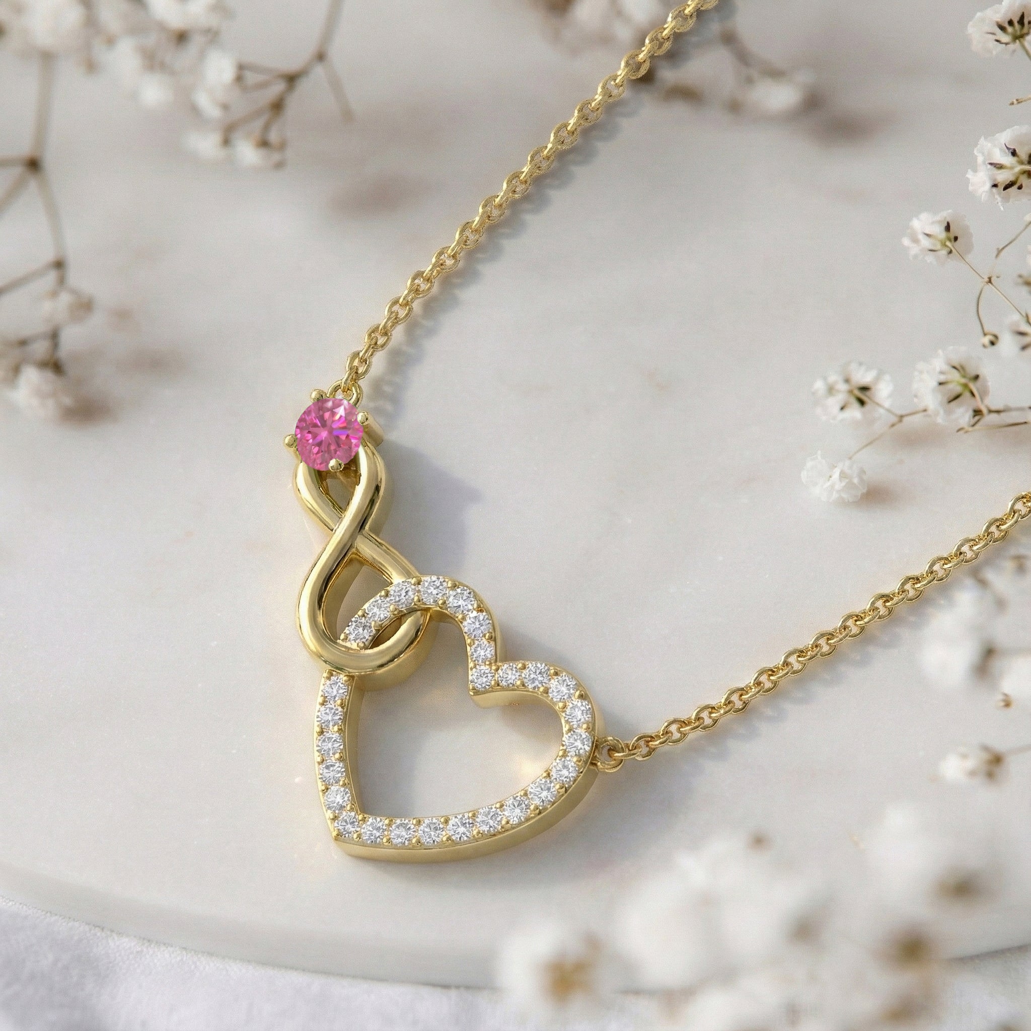 Pink Tourmaline Round Infinity Heart Pendant Necklace in Yellow Gold Plated 0.45ct