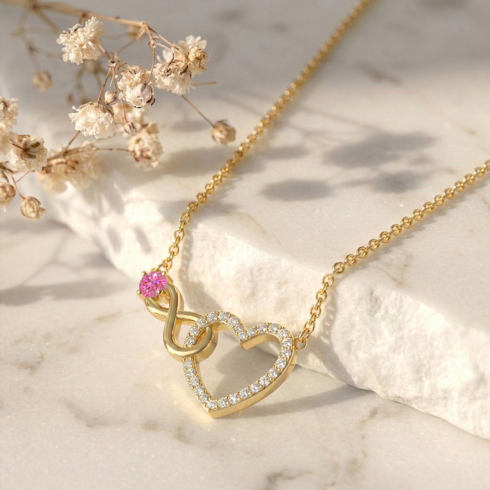 Pink Tourmaline Round Infinity Heart Pendant Necklace in Yellow Gold Plated 0.45ct
