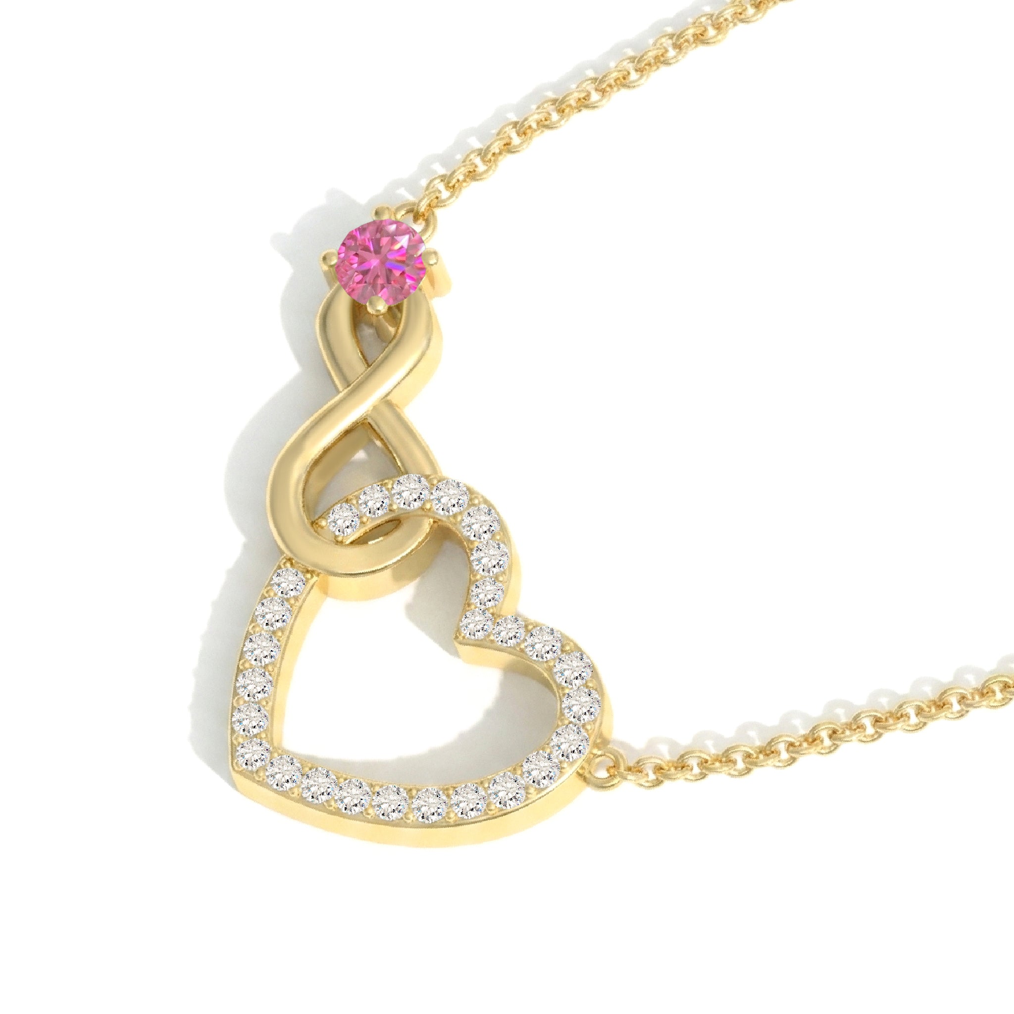 Pink Tourmaline Round Infinity Heart Pendant Necklace in Yellow Gold Plated 0.45ct