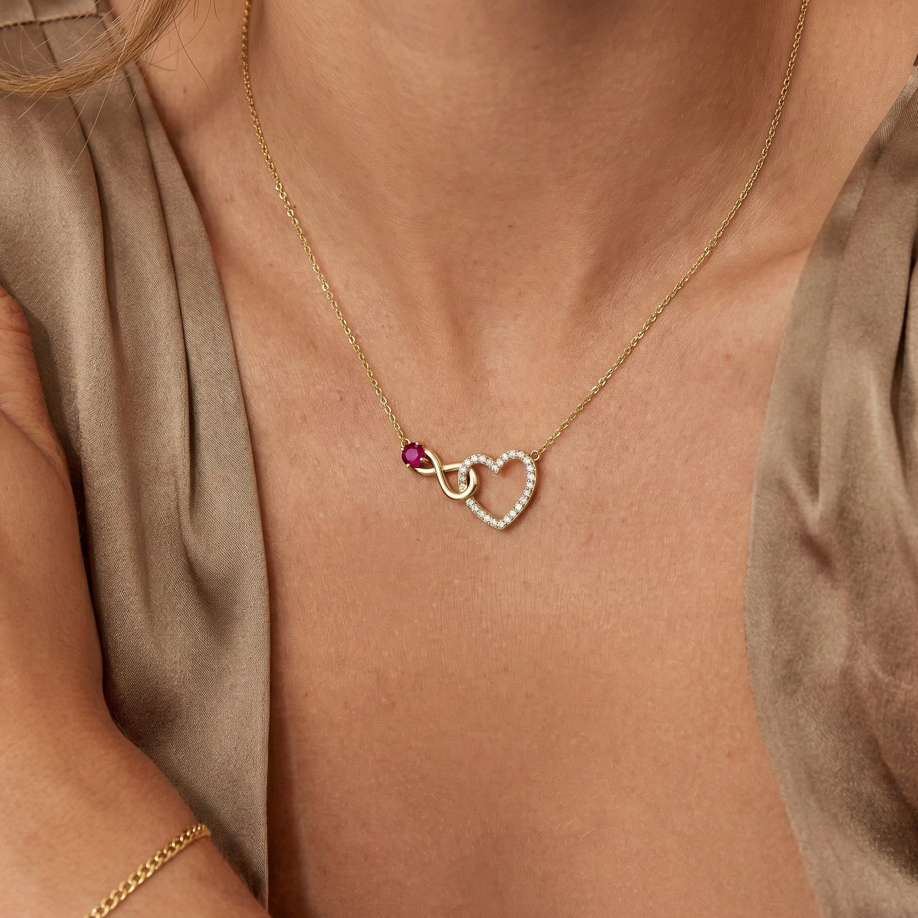 Ruby Round Infinity Heart Pendant Necklace in Yellow Gold Plated 0.45ct