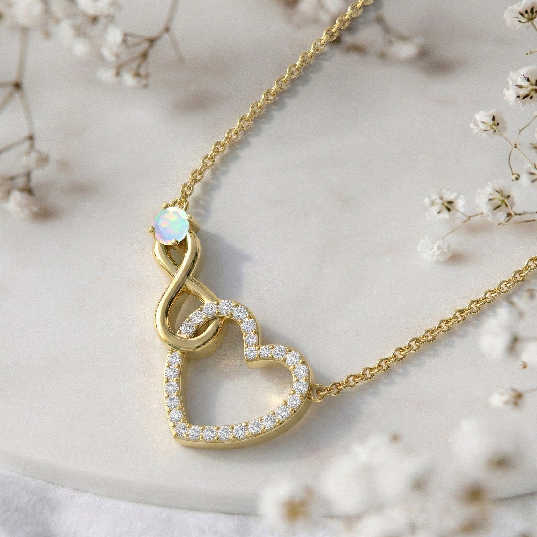 White Opal Round Infinity Heart Pendant Necklace in Yellow Gold Plated 0.45ct