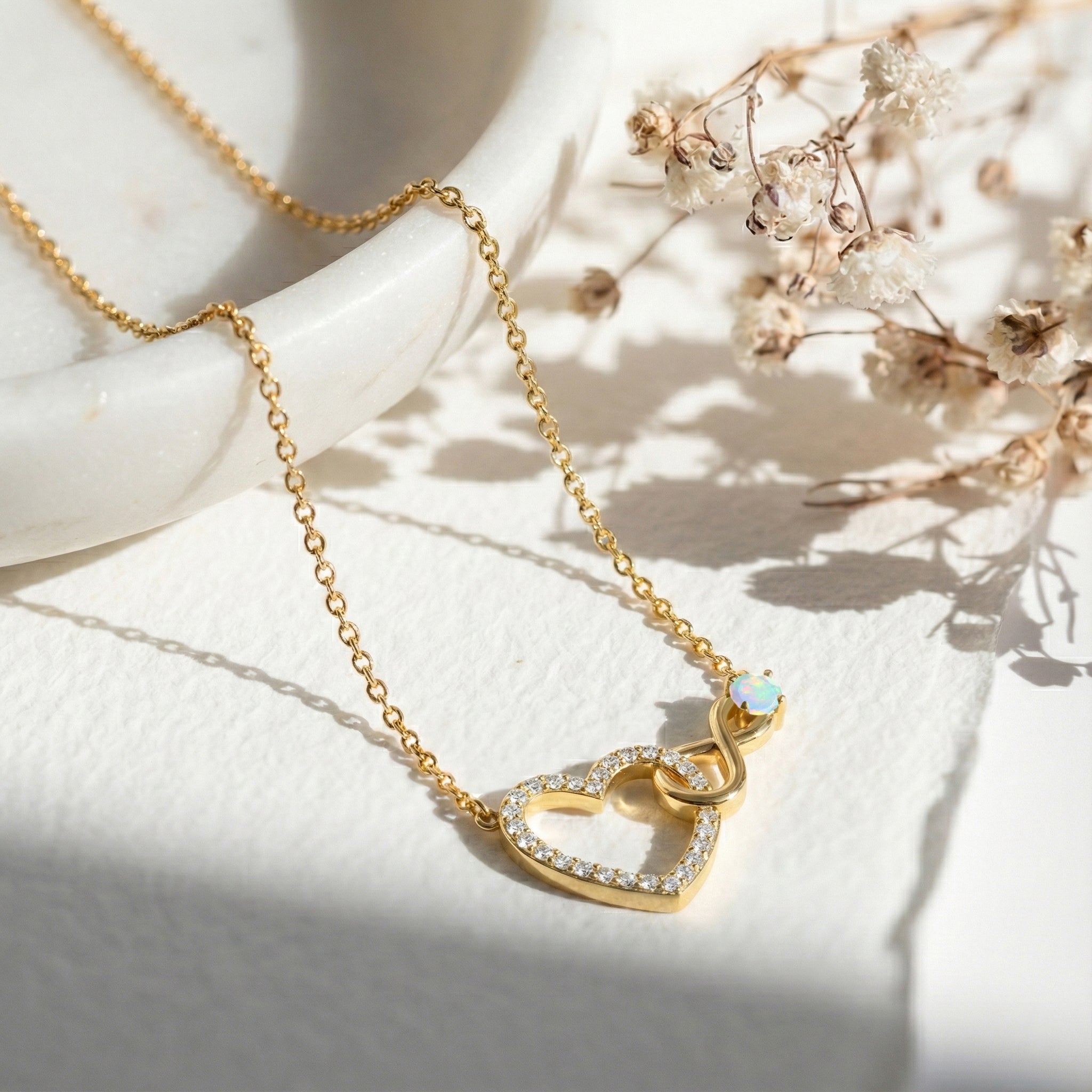 White Opal Round Infinity Heart Pendant Necklace in Yellow Gold Plated 0.45ct