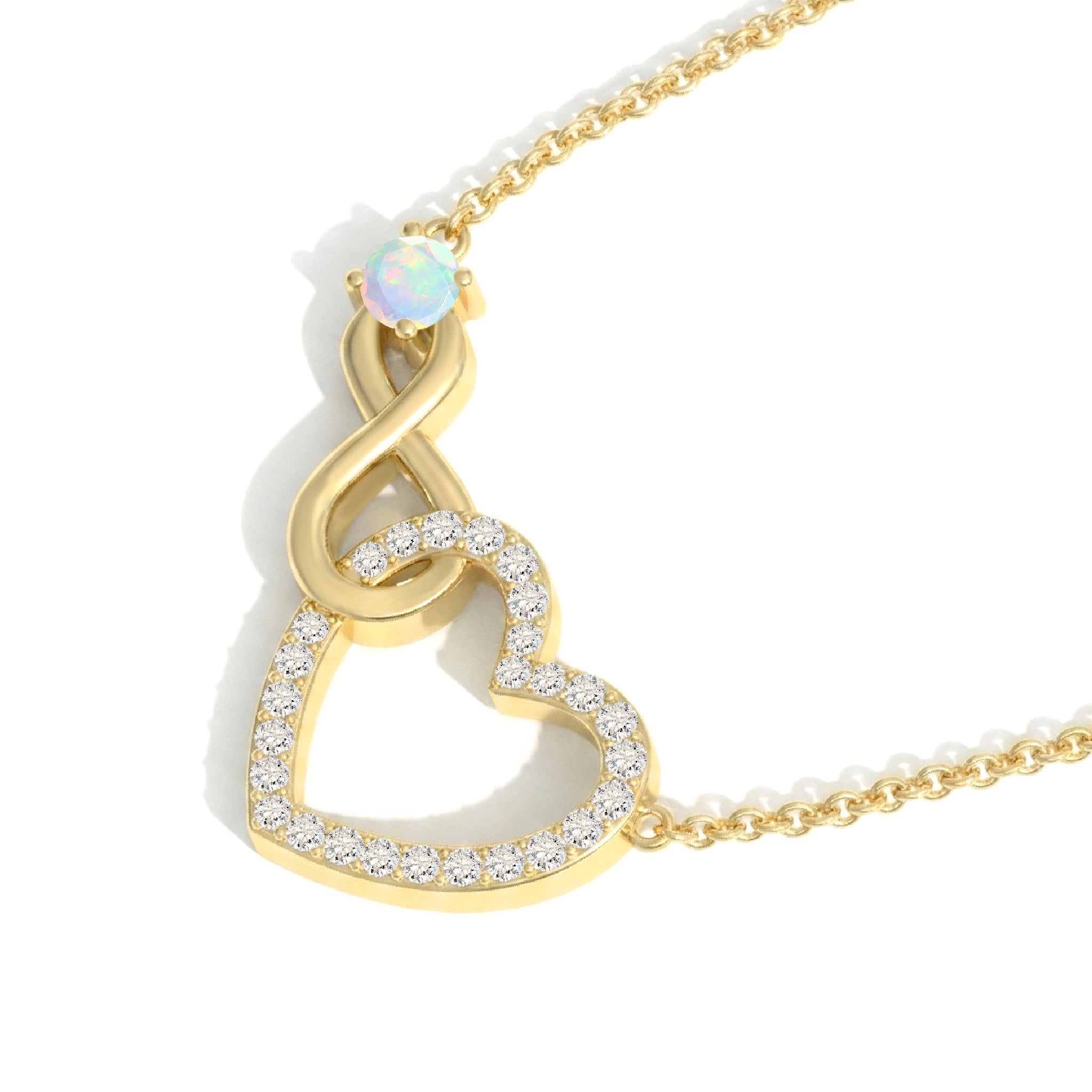 White Opal Round Infinity Heart Pendant Necklace in Yellow Gold Plated 0.45ct