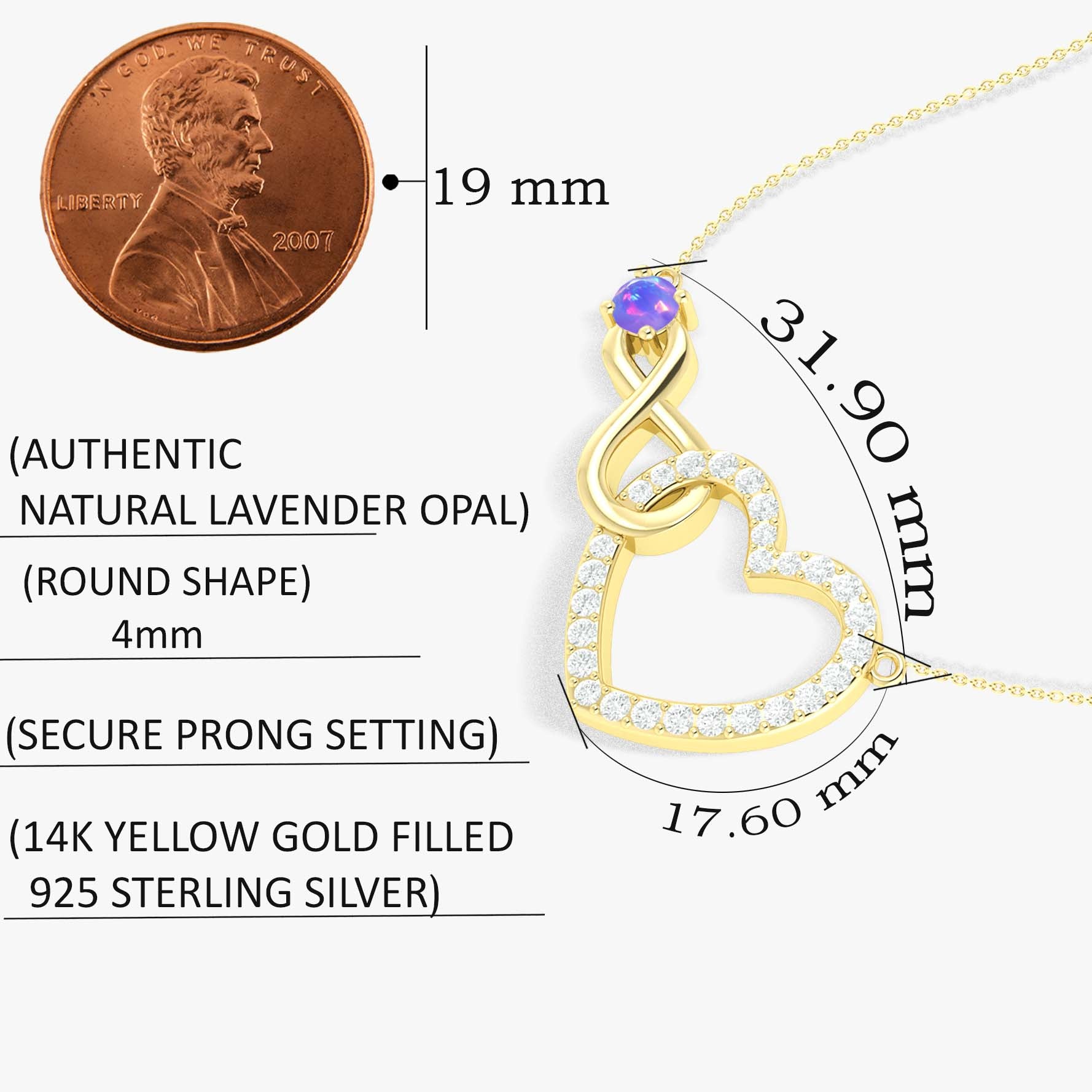 Lavender Opal Round Infinity Heart Pendant Necklace in 925 Sterling Silver