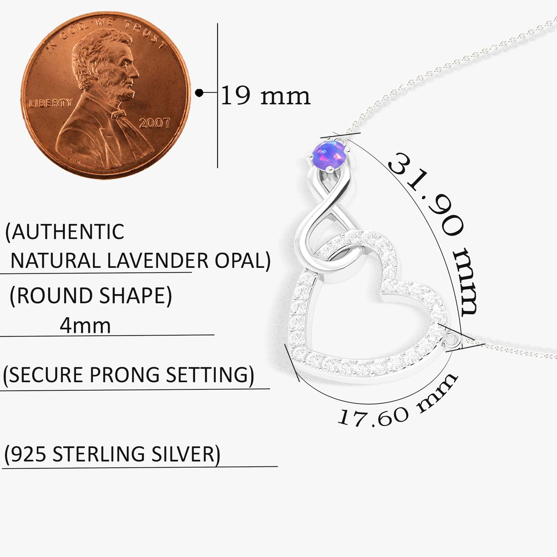 Lavender Opal Round Infinity Heart Pendant Necklace in 925 Sterling Silver