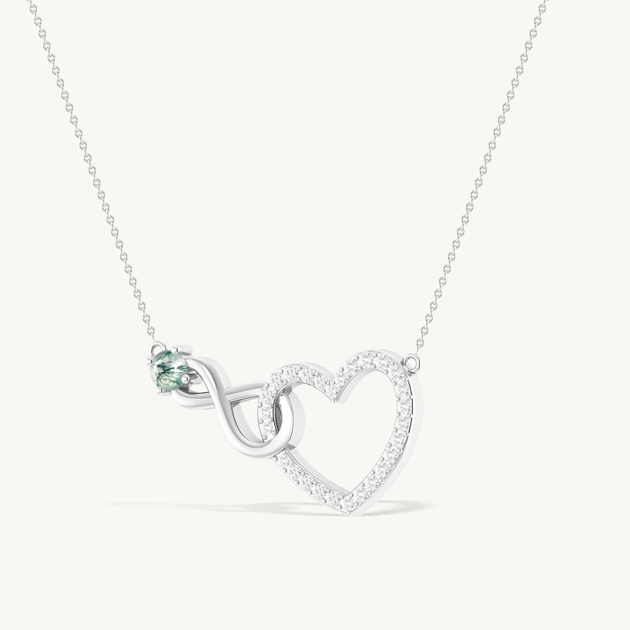 Moss Agate Round Infinity Heart Pendant Necklace in 925 Sterling Silver