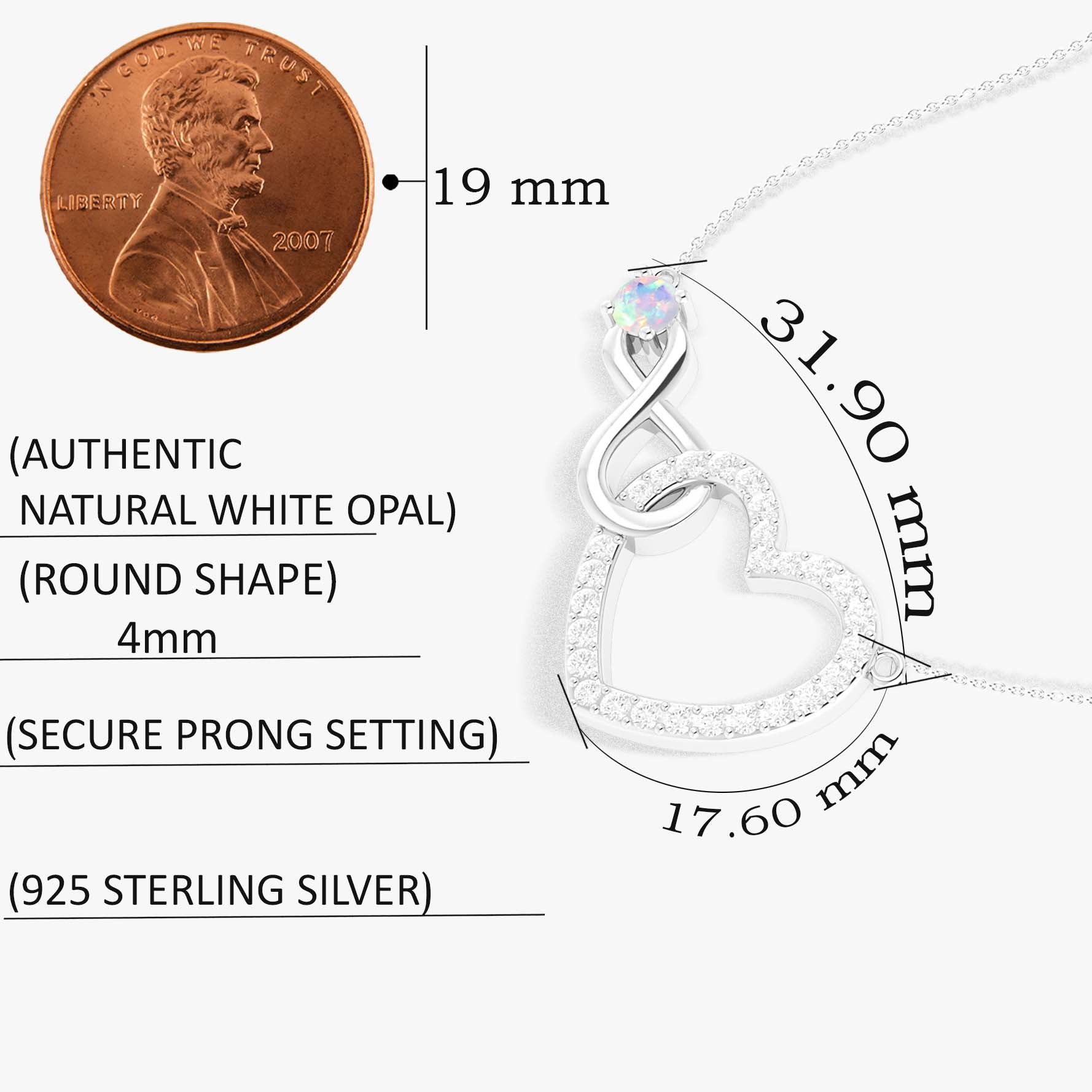 White Opal Round Infinity Heart Pendant Necklace in 925 Sterling Silver