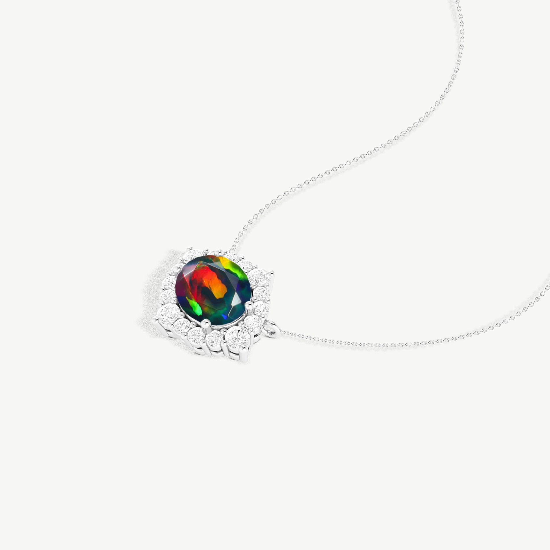 Oval Shape Natural Black Opal with Zircon Halo Pendant Chain Necklace